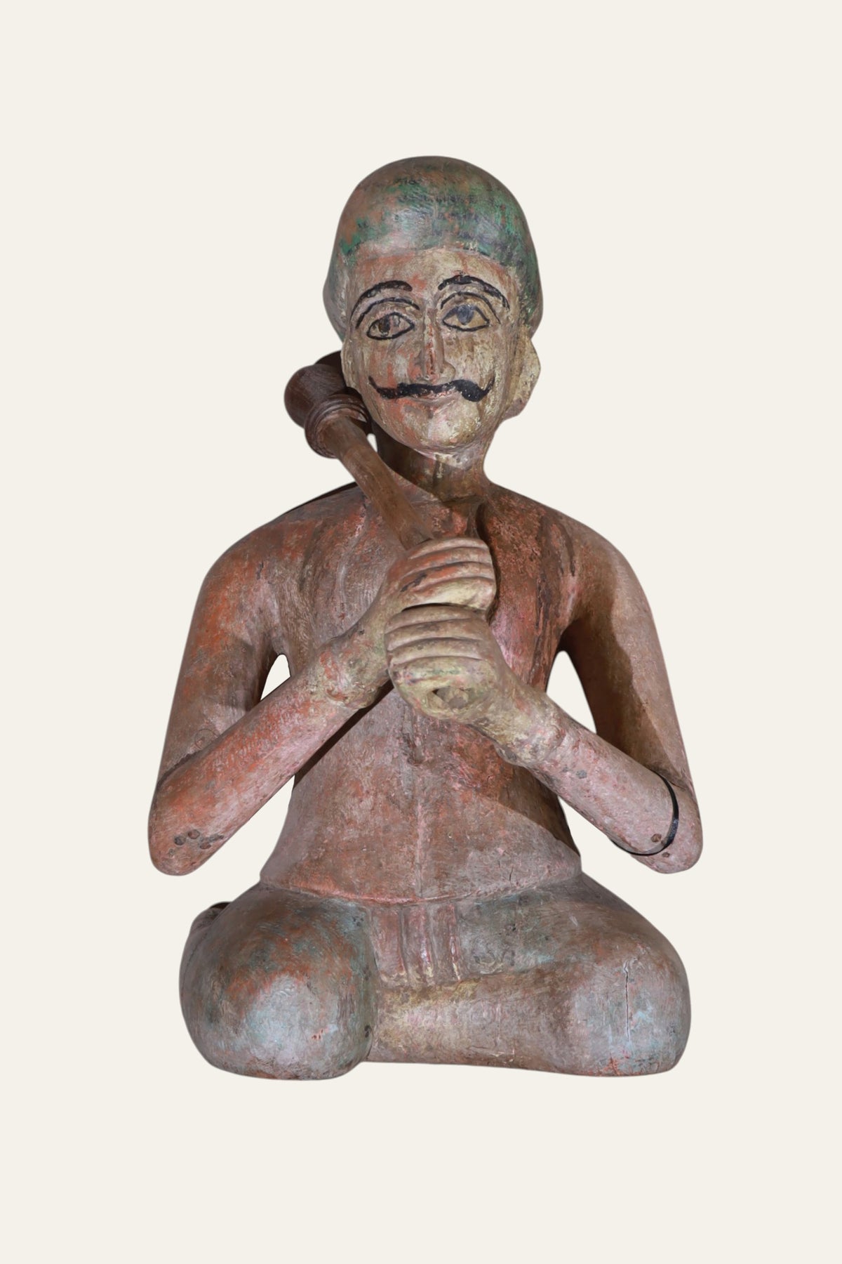 Hand-Carved Seated Indian Darban Wooden Figurine in Distress Finish