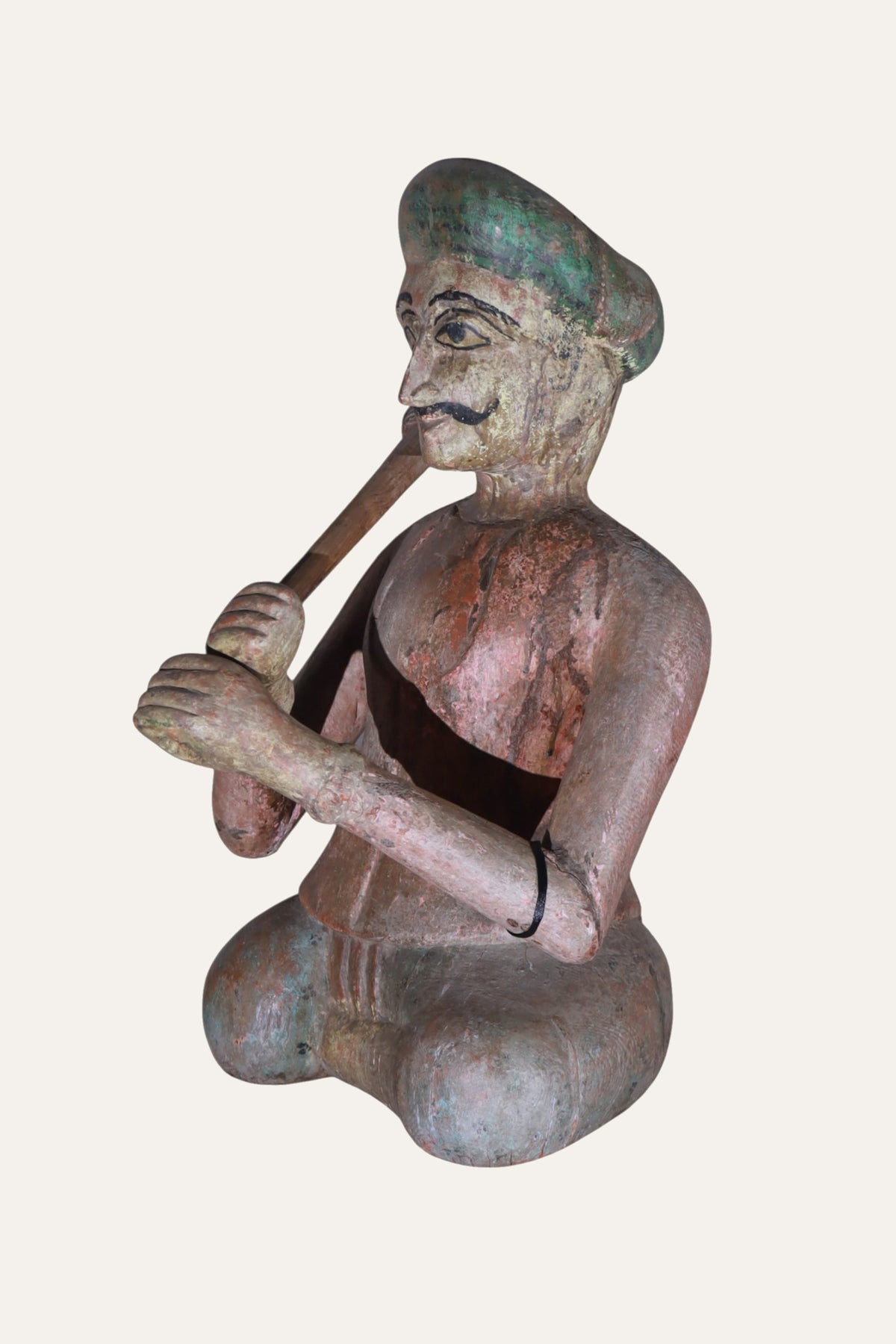 Hand-Carved Seated Indian Darban Wooden Figurine in Distress Finish