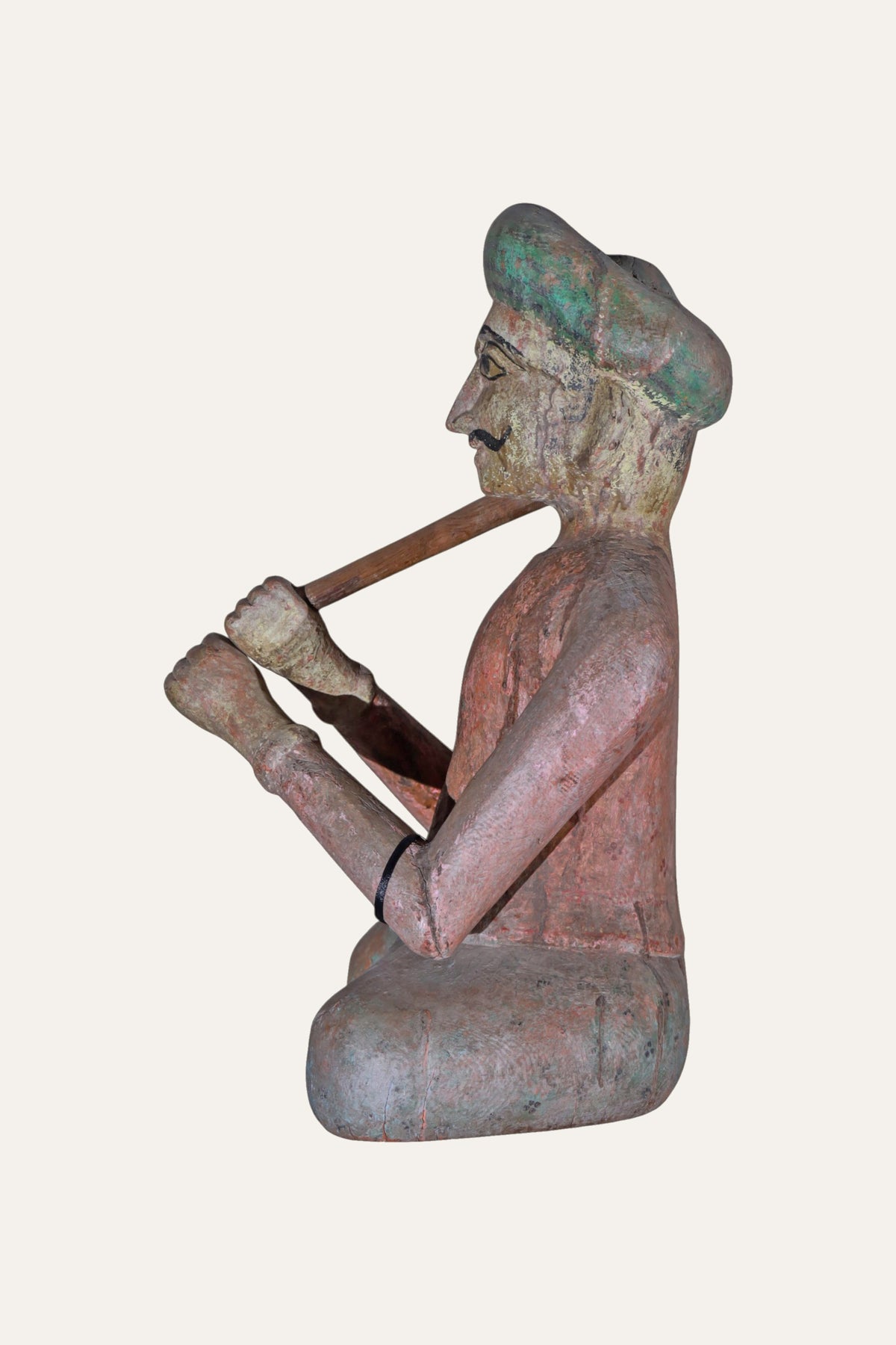 Hand-Carved Seated Indian Darban Wooden Figurine in Distress Finish