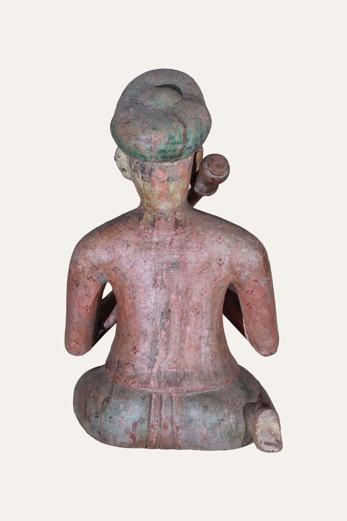 Hand-Carved Seated Indian Darban Wooden Figurine in Distress Finish