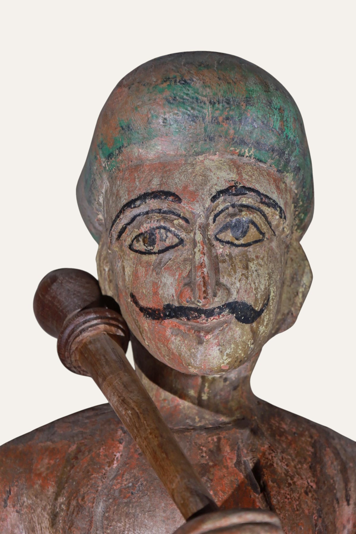 Hand-Carved Seated Indian Darban Wooden Figurine in Distress Finish
