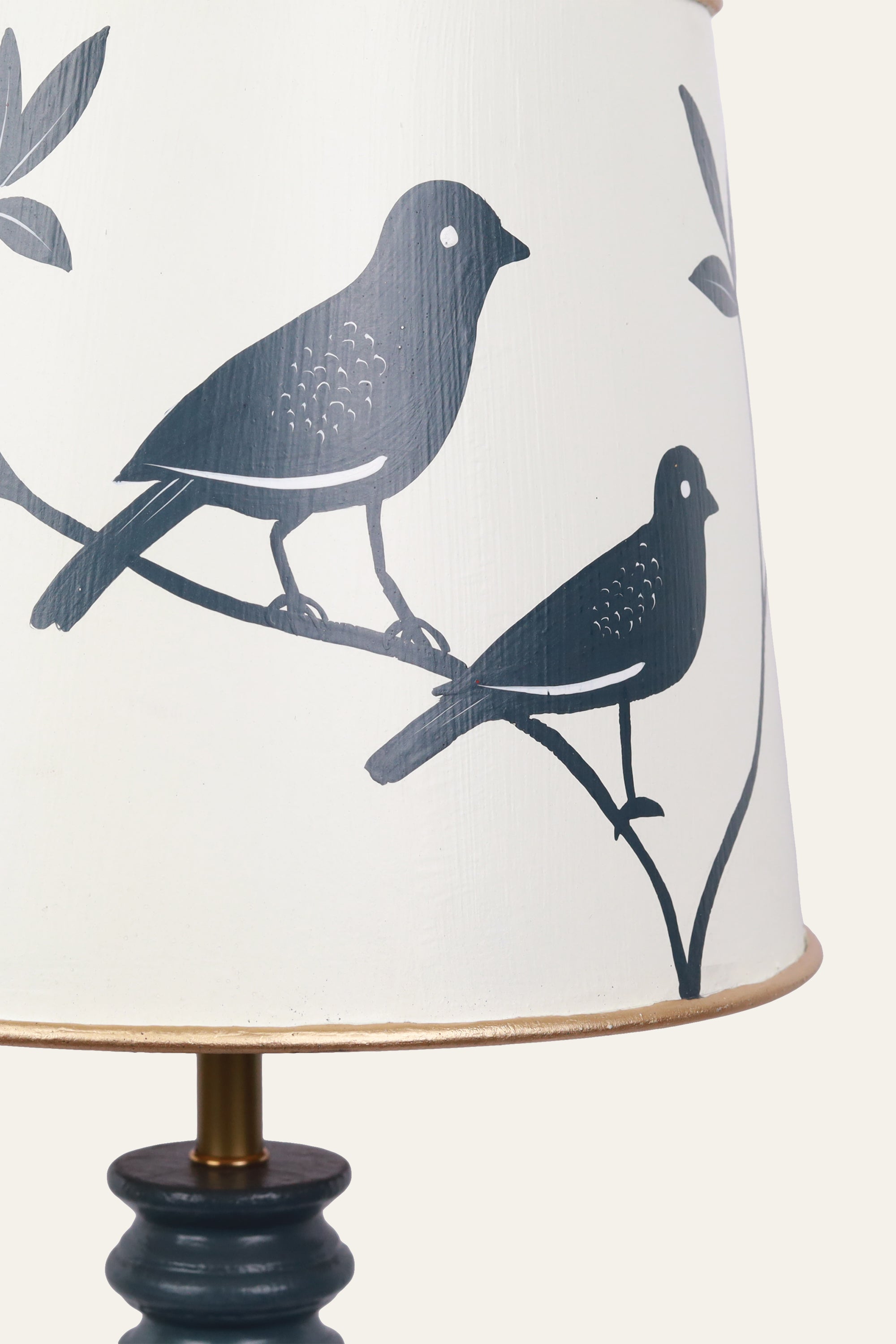 Hand Painted Bird Motif Metal Lamp with Wooden Base for Bedroom & Living Room