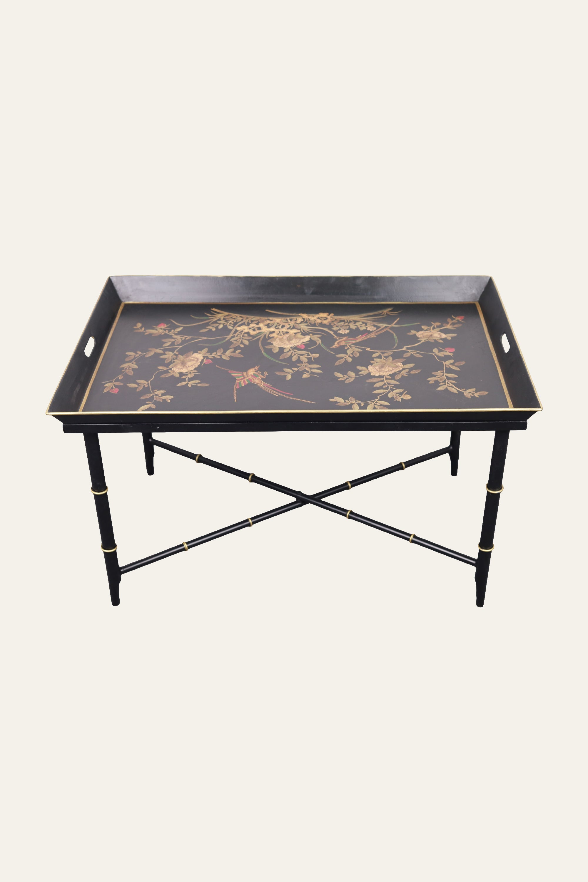 Black Metal Tray Table with Floral Motif