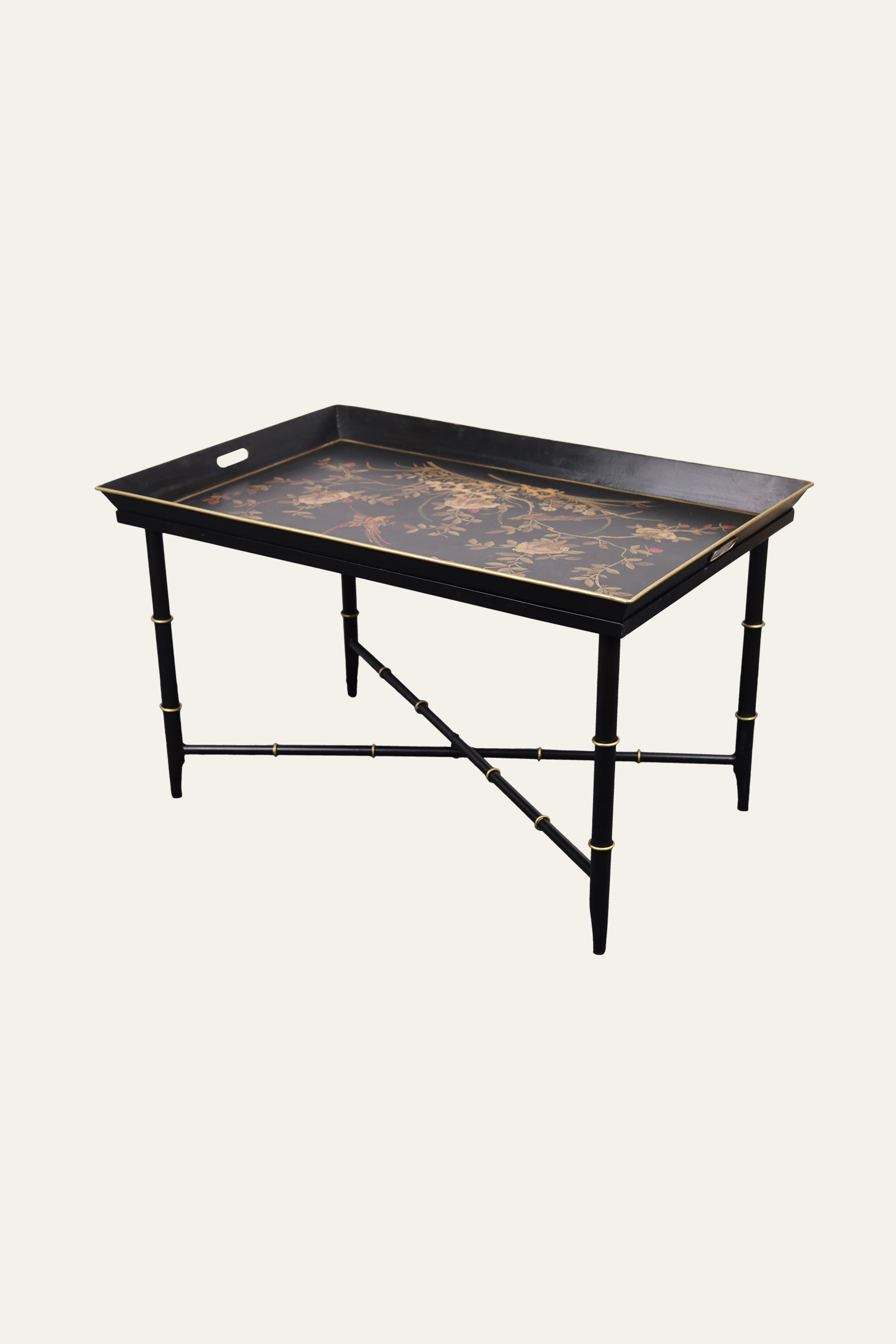 Black Metal Tray Table with Floral Motif