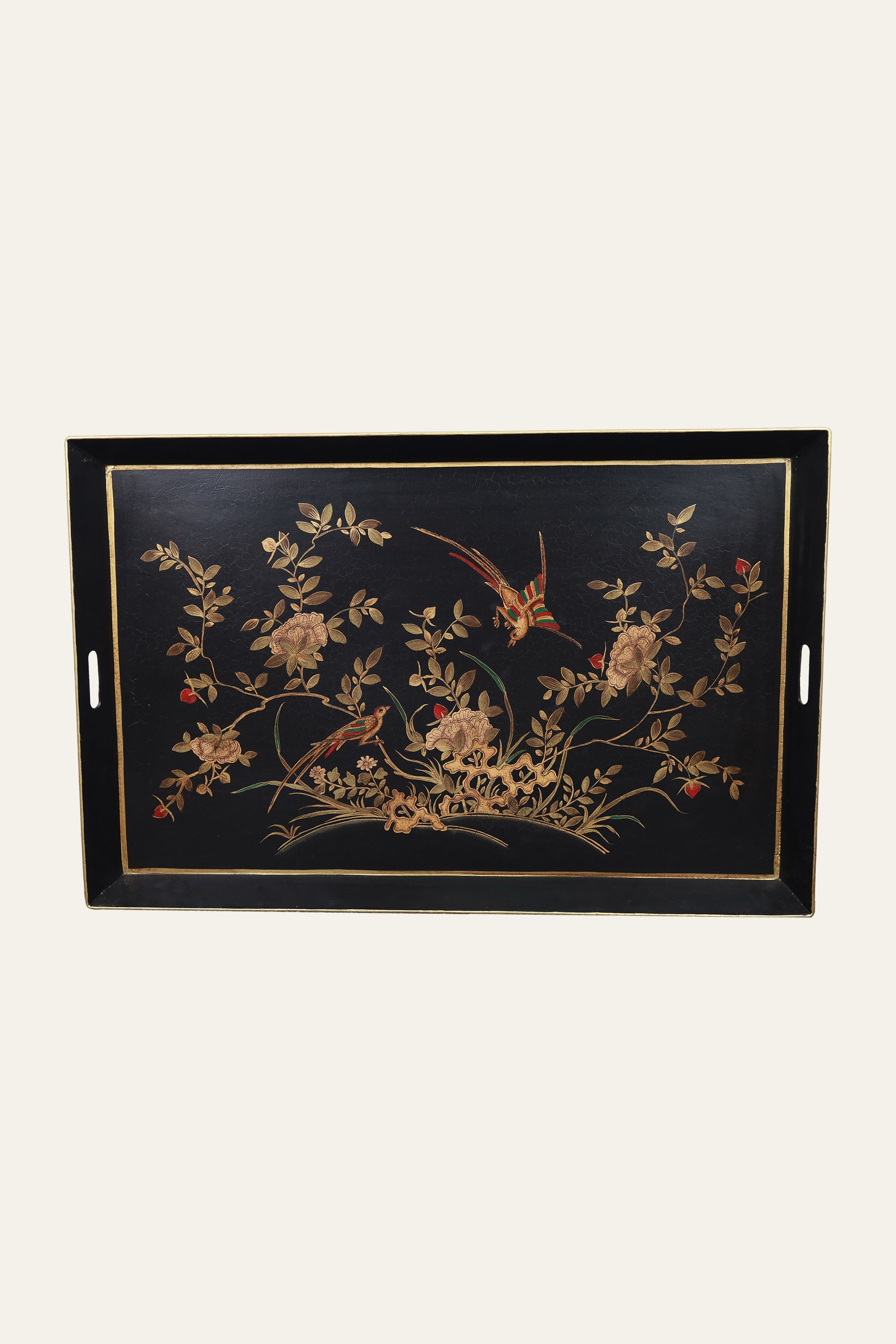 Black Metal Tray Table with Floral Motif