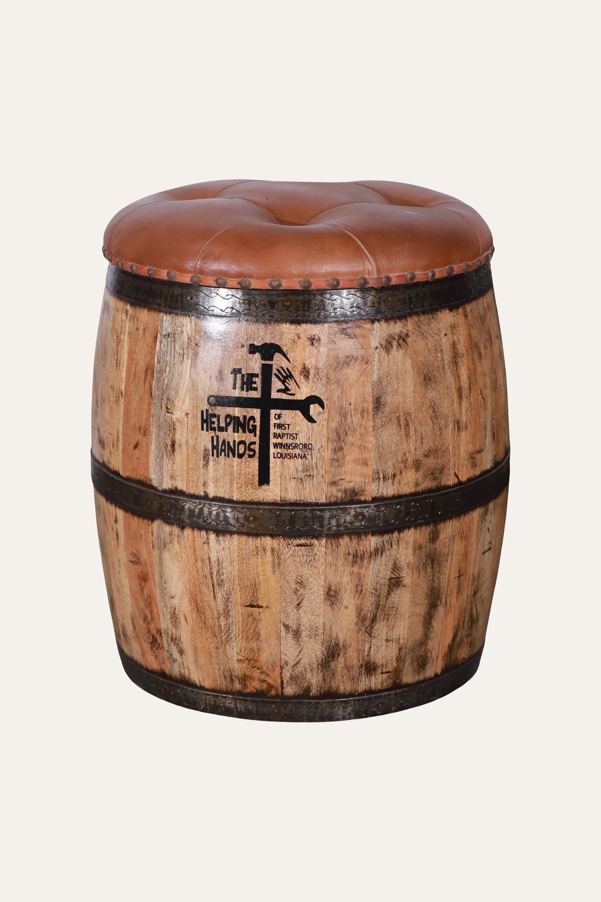Tufted Leather Barrel Stool with Metal Bands