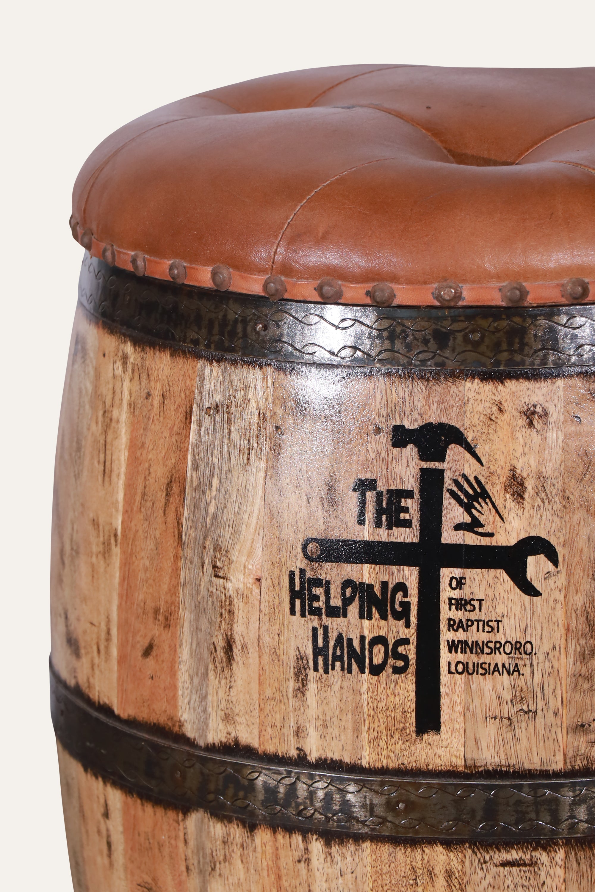 Tufted Leather Barrel Stool with Metal Bands