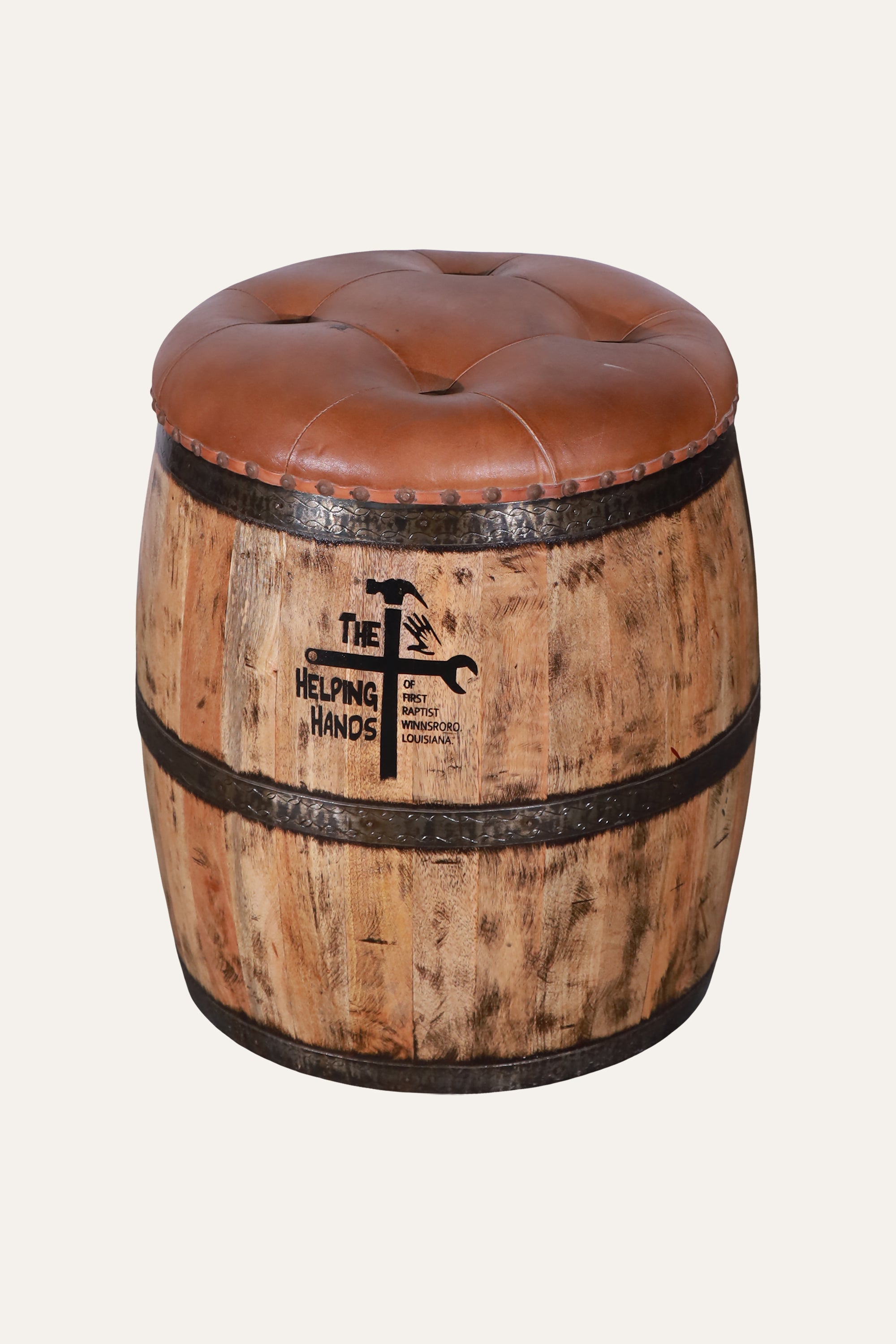 Tufted Leather Barrel Stool with Metal Bands