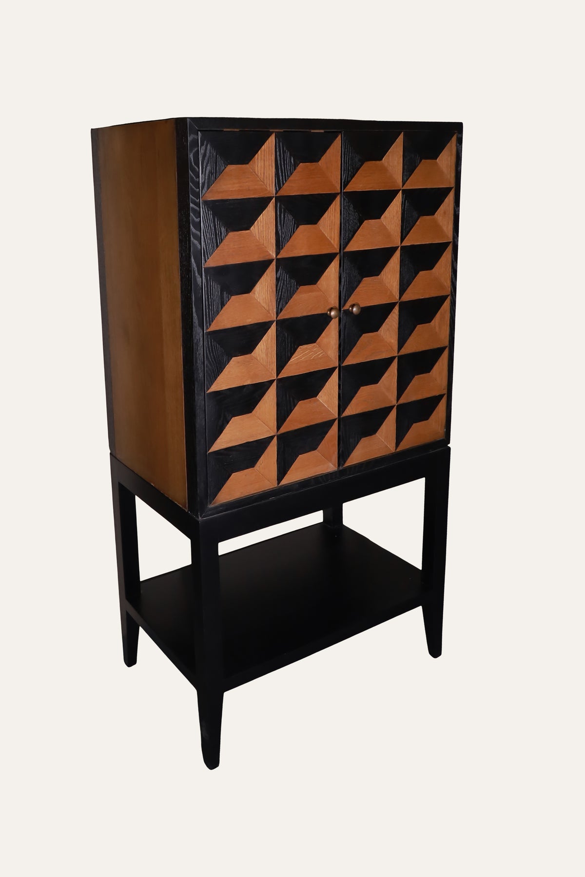 Geometric Wooden Accent Cabinet with Two-Door Storage & Lower Shelf