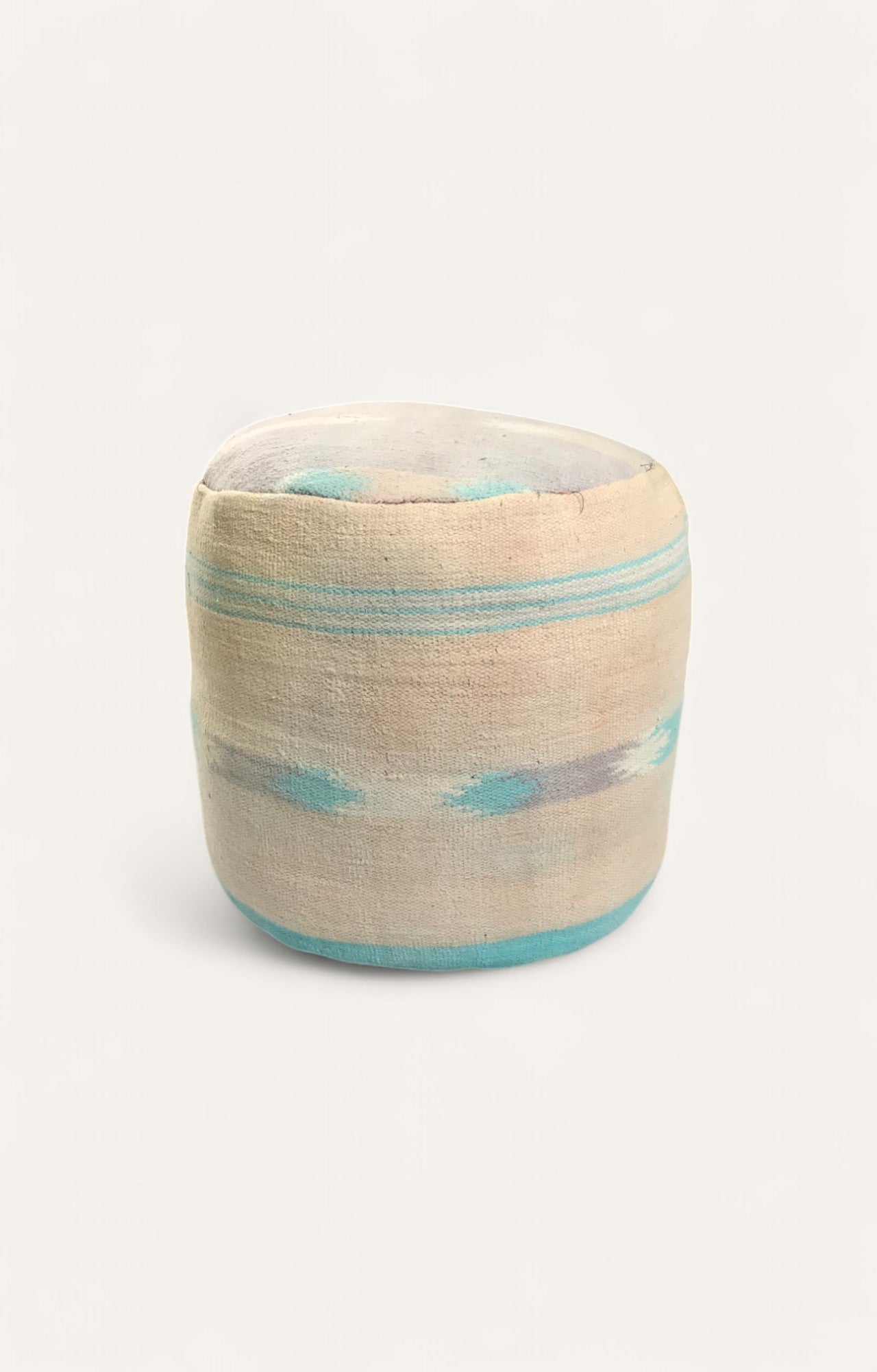 Handwoven Dhurrie Pouf Ottoman in Blue and Ivory