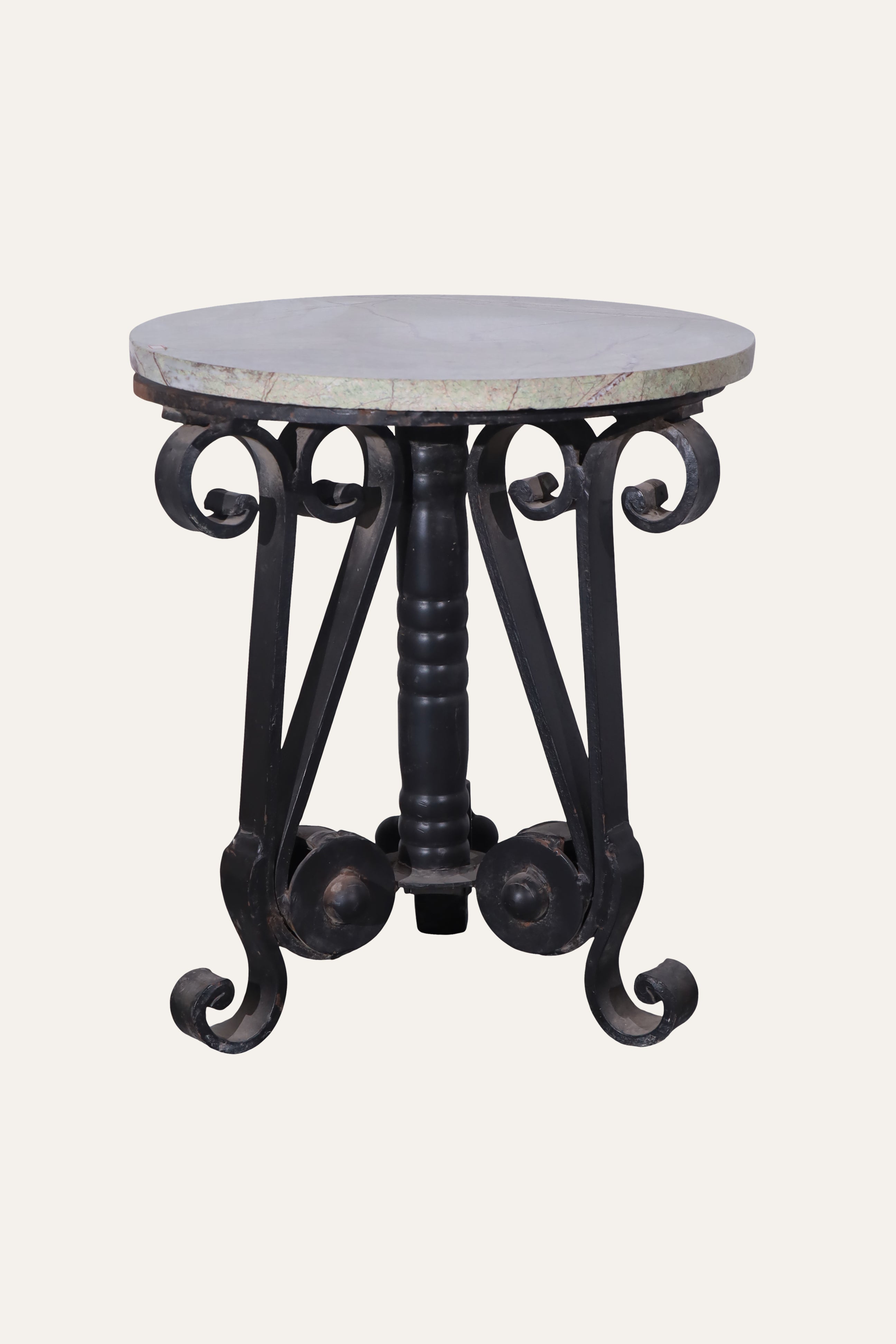 Dual Toned Round Marble-Top Side Table with Metal Base