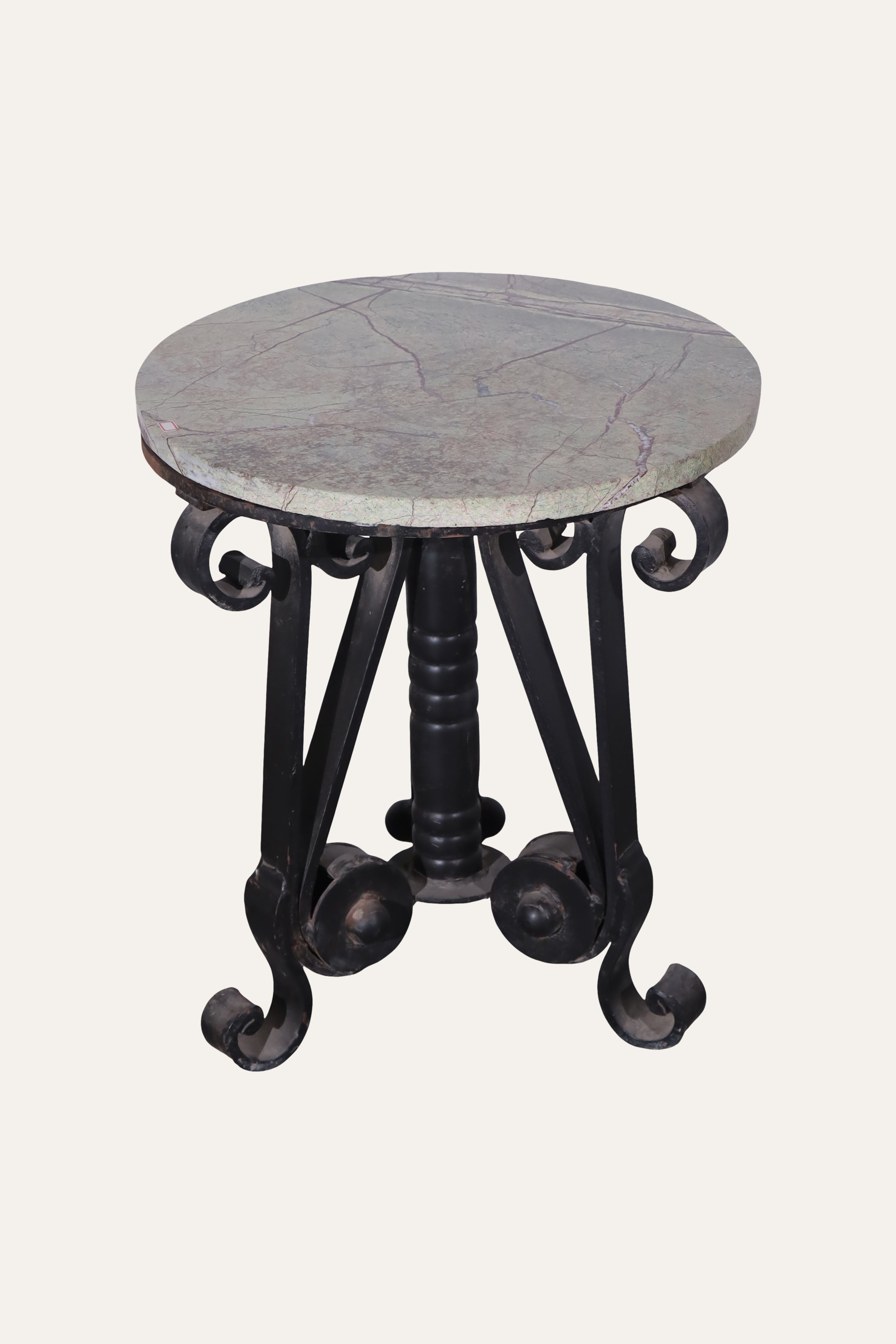 Dual Toned Round Marble-Top Side Table with Metal Base