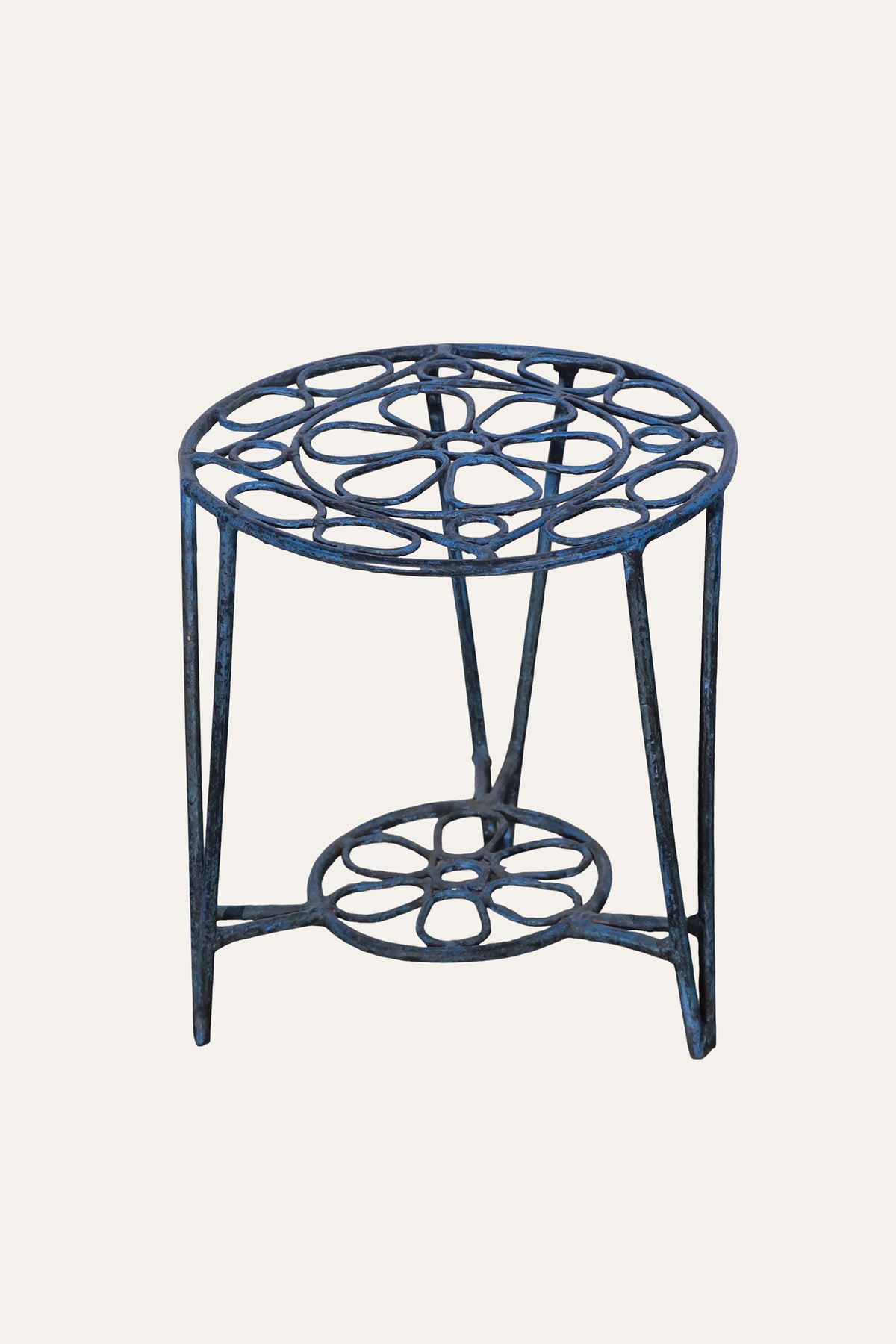 Round Blue Metal Side Table with Openwork Frame in Distress Finish