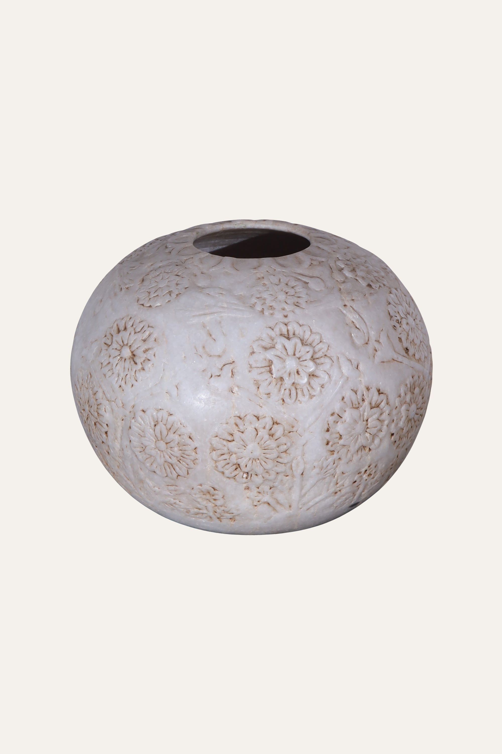 Carved Floral Motif Marble Planter for Patios and Entryways