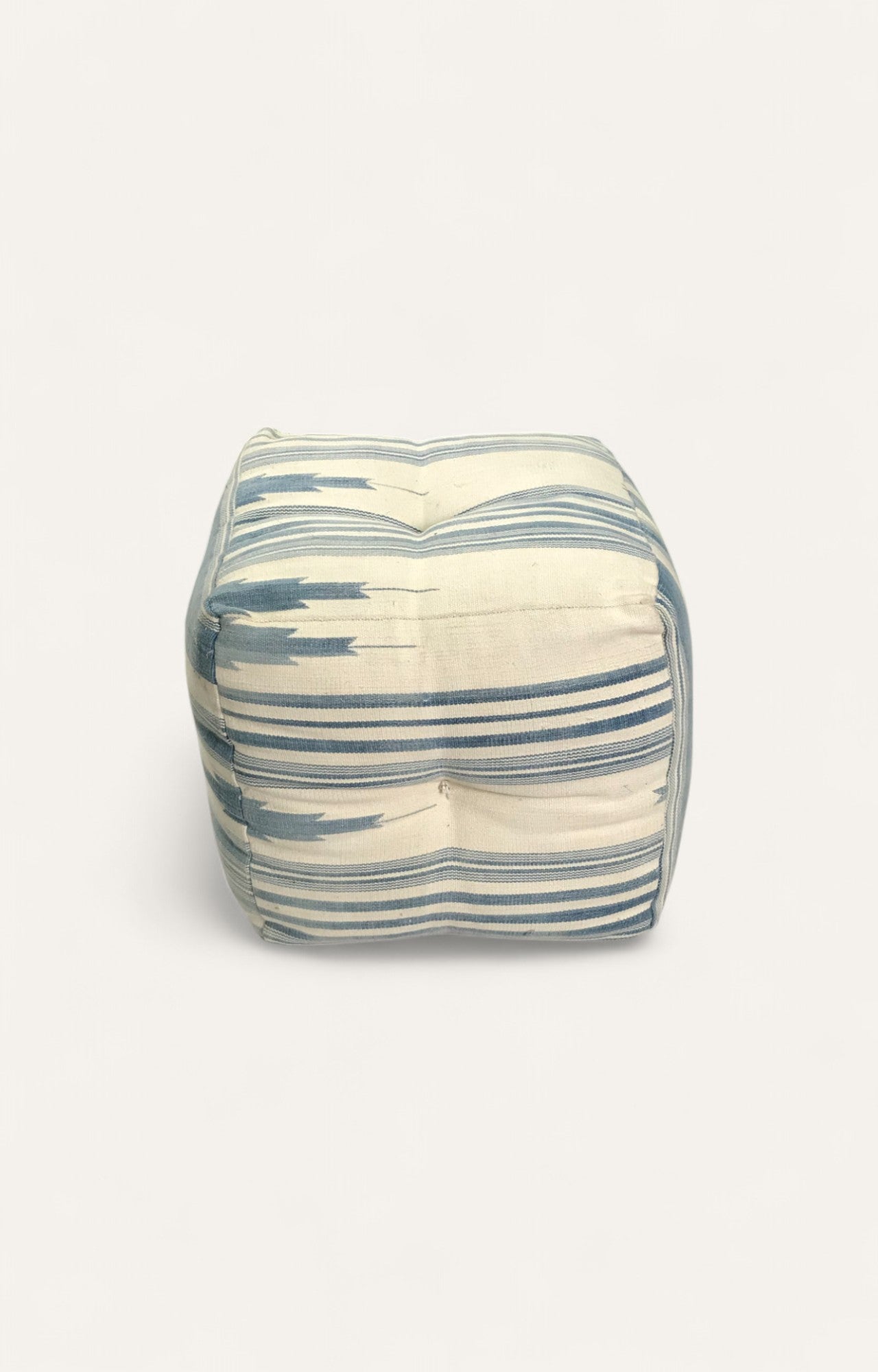 Handwoven Dhurrie Puffy Stool with Blue and White Stripes