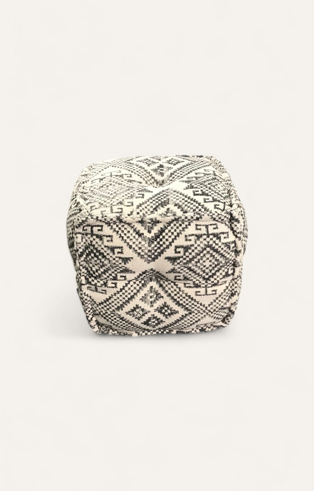 Handwoven Dhurrie Puffy Stool with Geometric Block Print