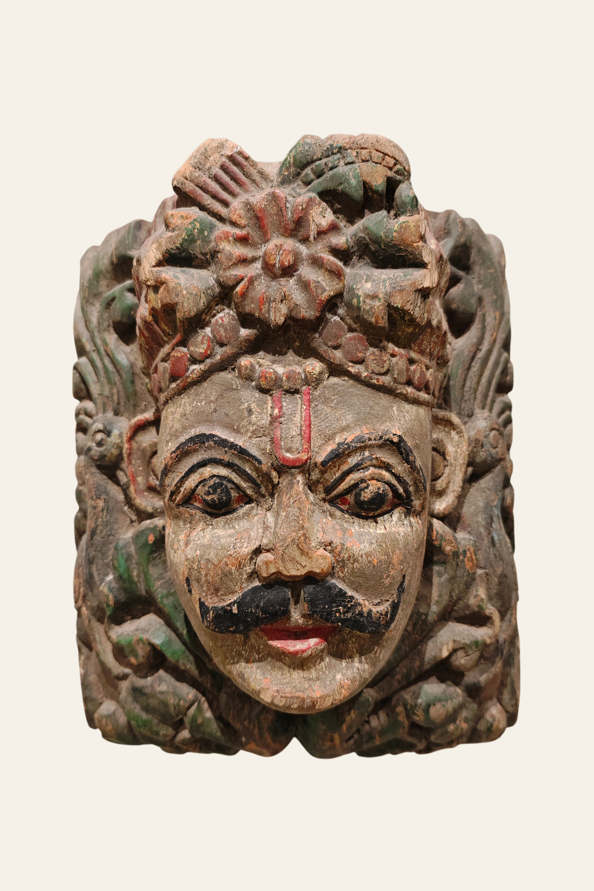 Carved Wooden Indian King Mask Wall Decor in Distressed Finish