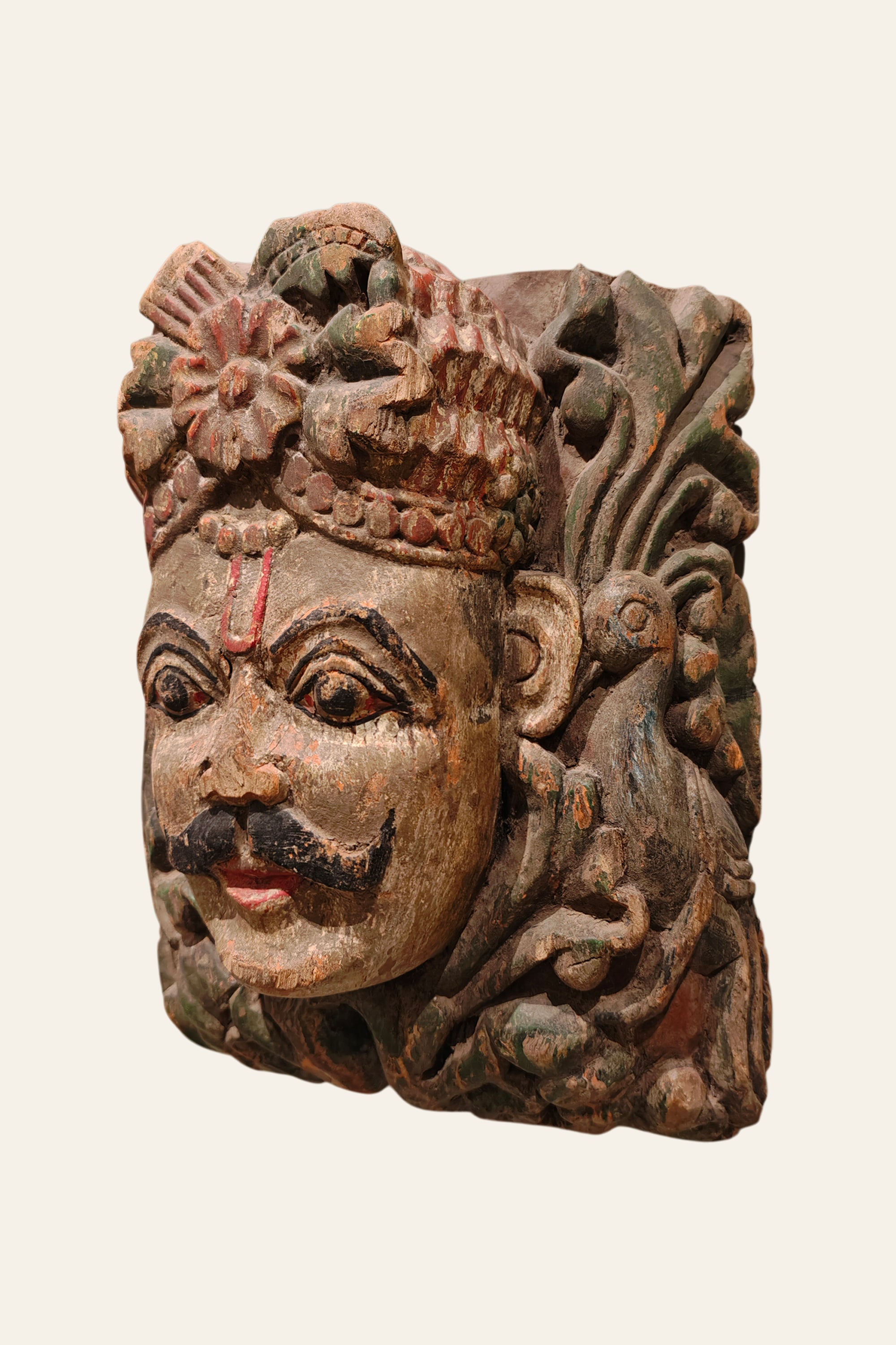 Carved Wooden Indian King Mask Wall Decor in Distressed Finish