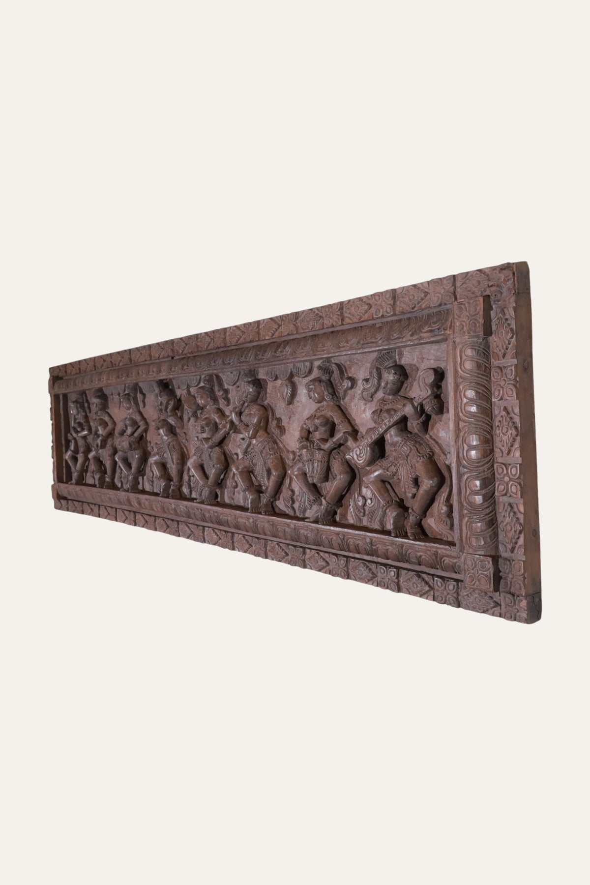 Hand-Carved Horizontal Dancing Apsaras Wooden Wall Panel