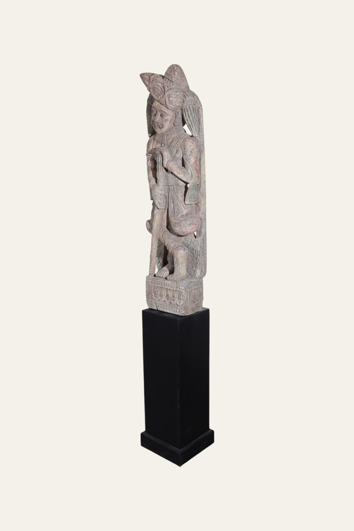 Tall Hand-Carved Wooden Dwarpal Statue