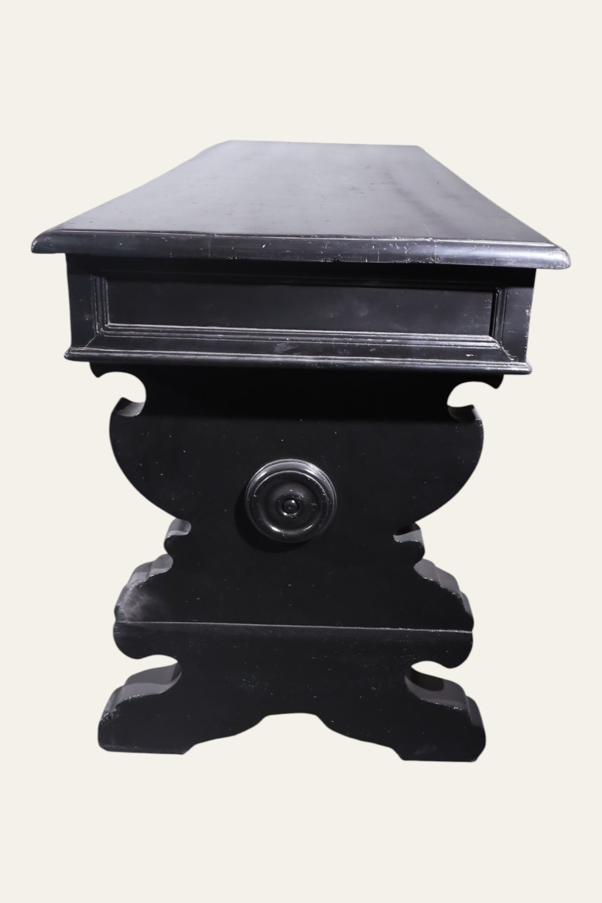 Black Carved Writing Desk with Lyre Trestle Legs