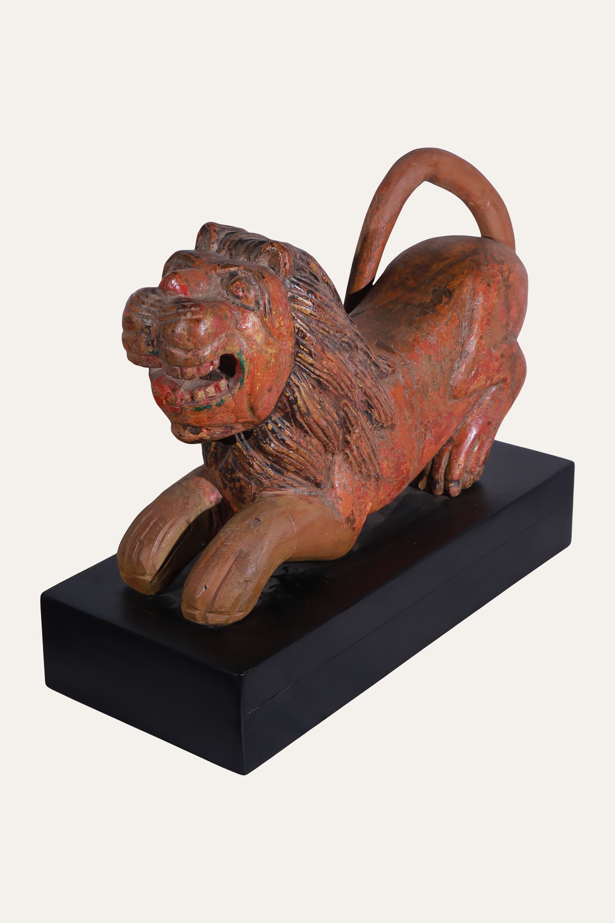 Hand-Carved Wooden Lion Sculpture in Distress Finish