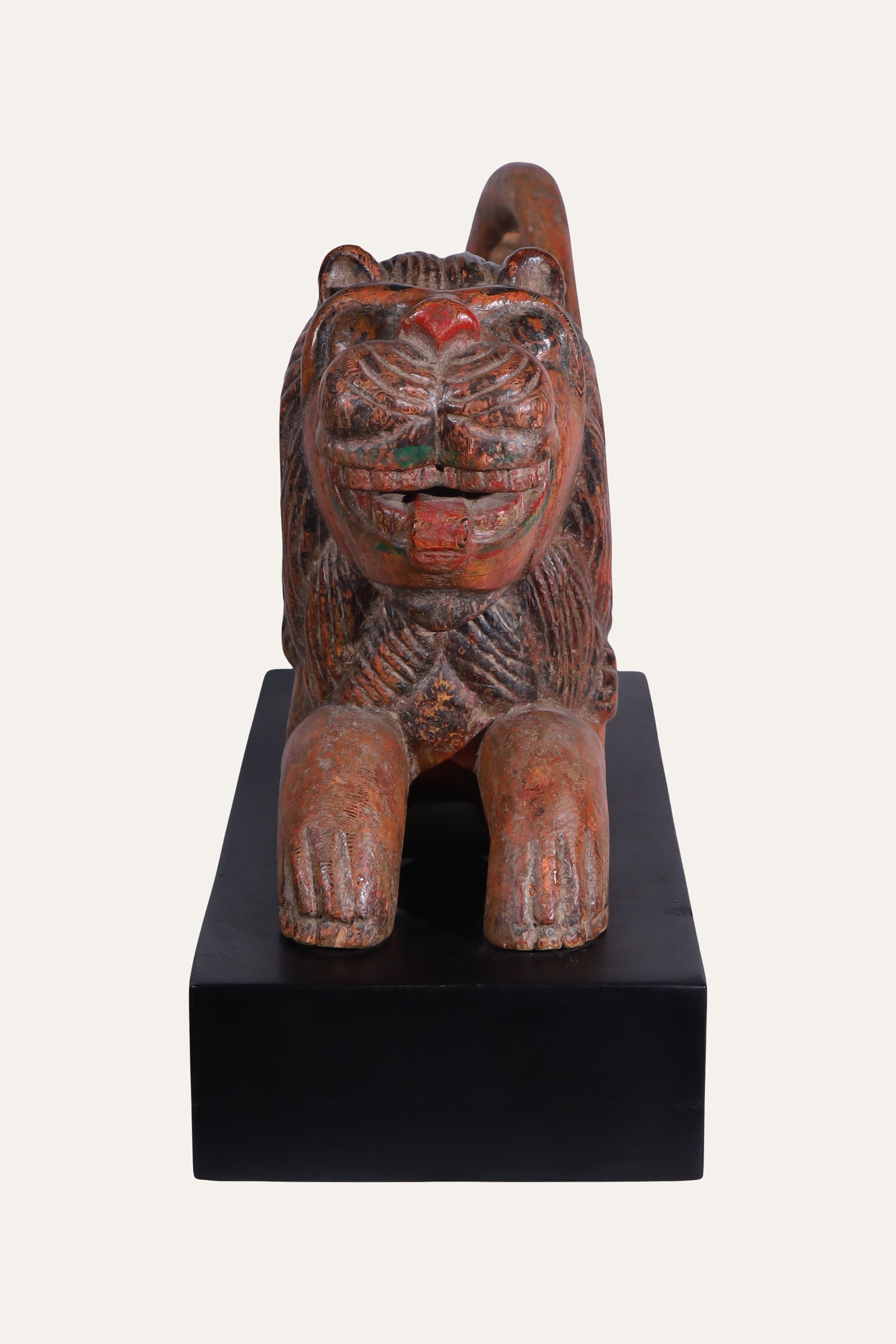 Hand-Carved Wooden Lion Sculpture in Distress Finish