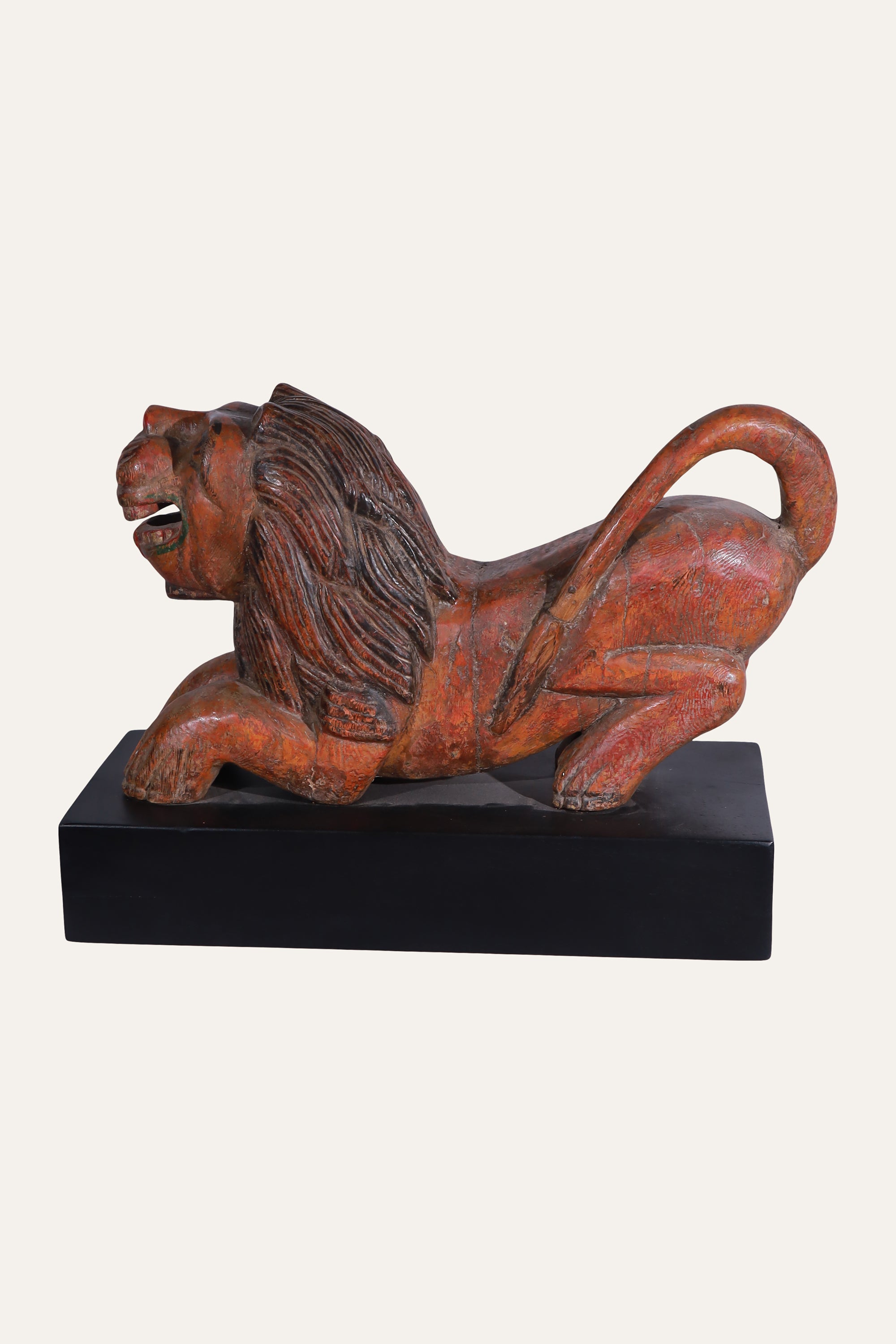Hand-Carved Wooden Lion Sculpture in Distress Finish