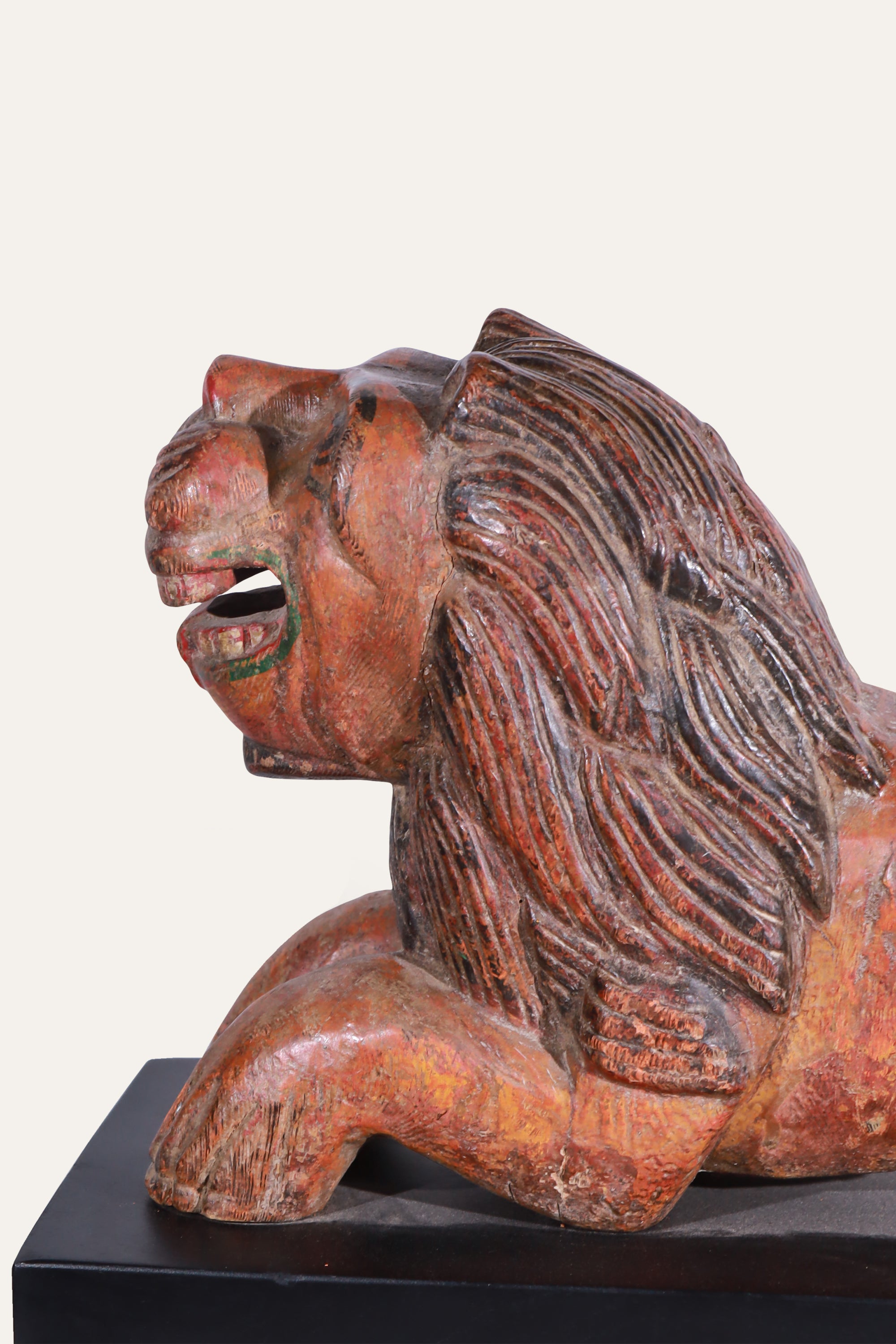 Hand-Carved Wooden Lion Sculpture in Distress Finish