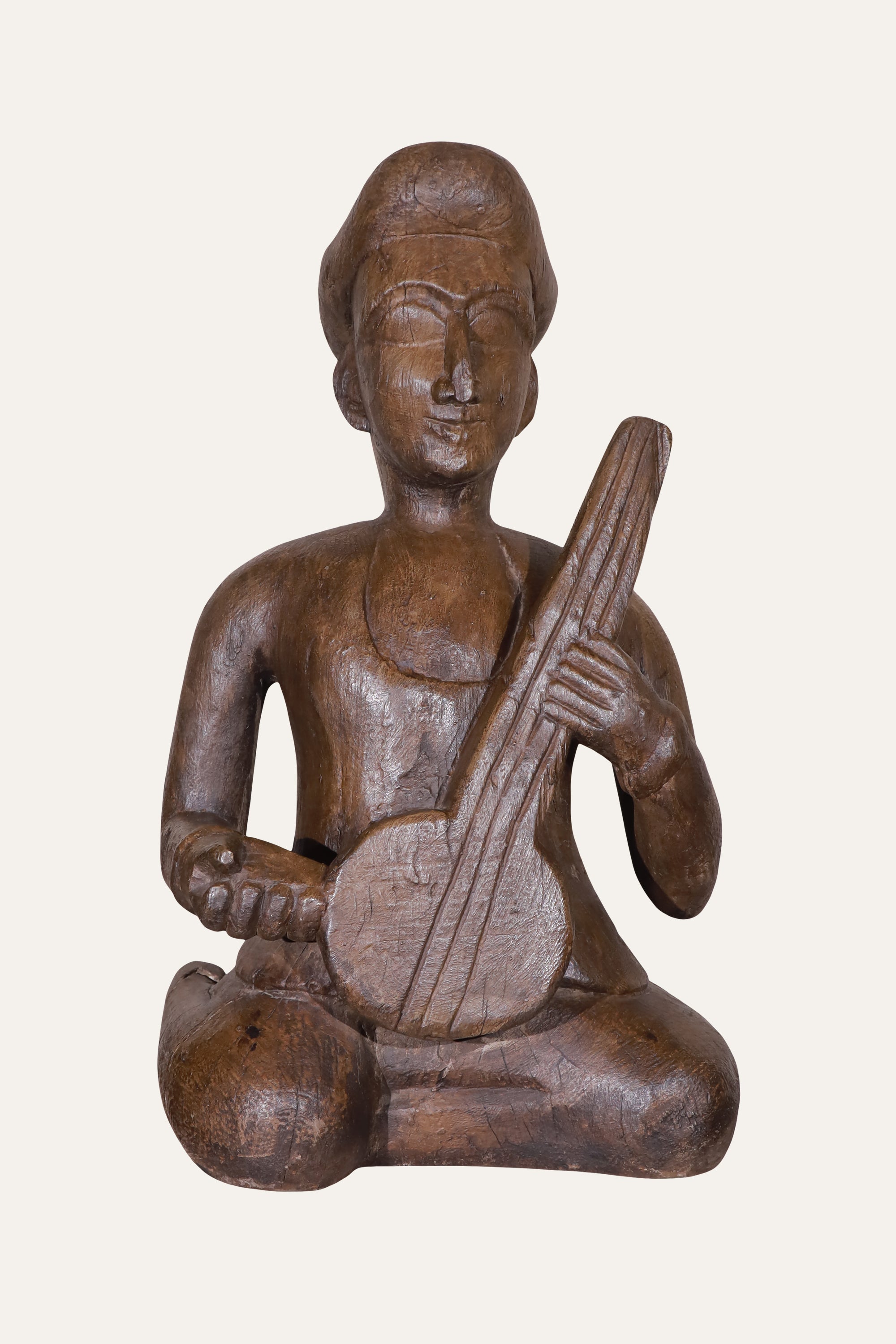 Carved Seated Indian Musician Sculpture for Console & Study Decor