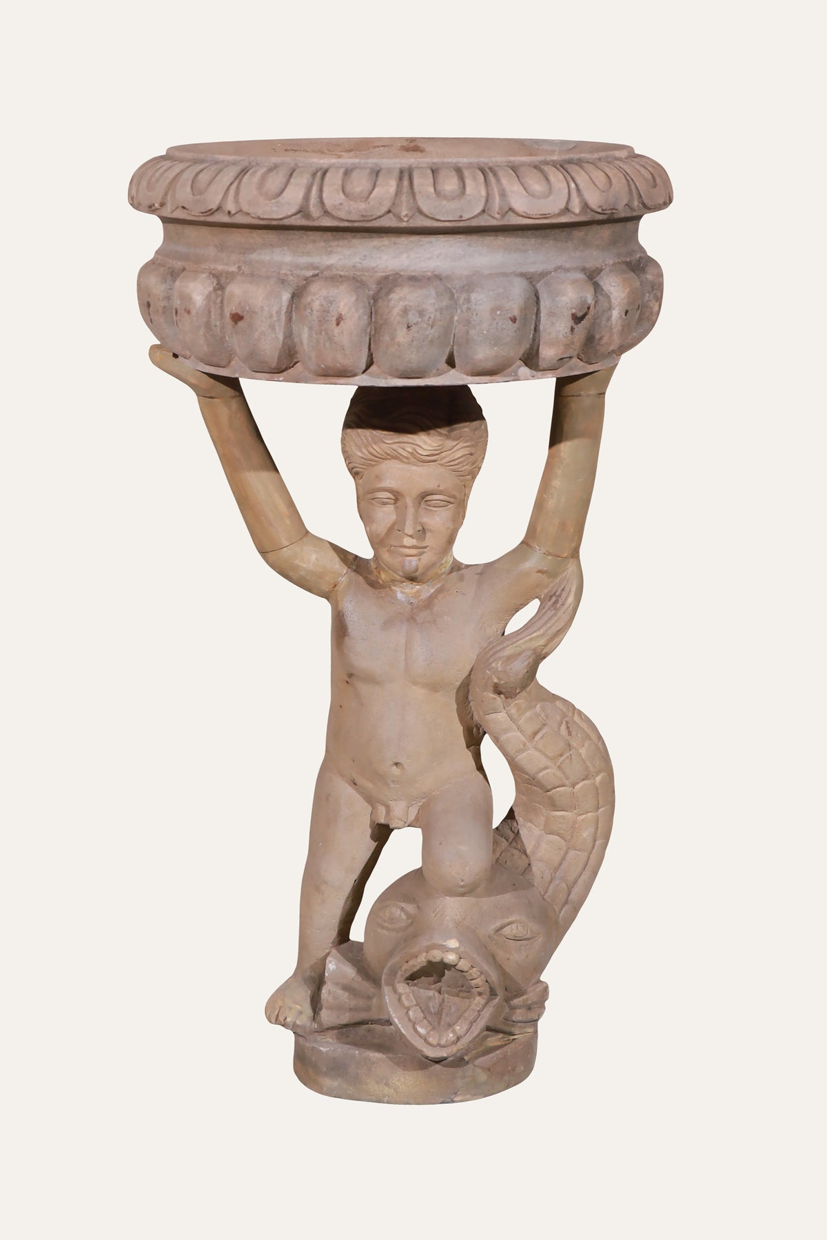 Carved Figure Pedestal Planter for Foyer Decor