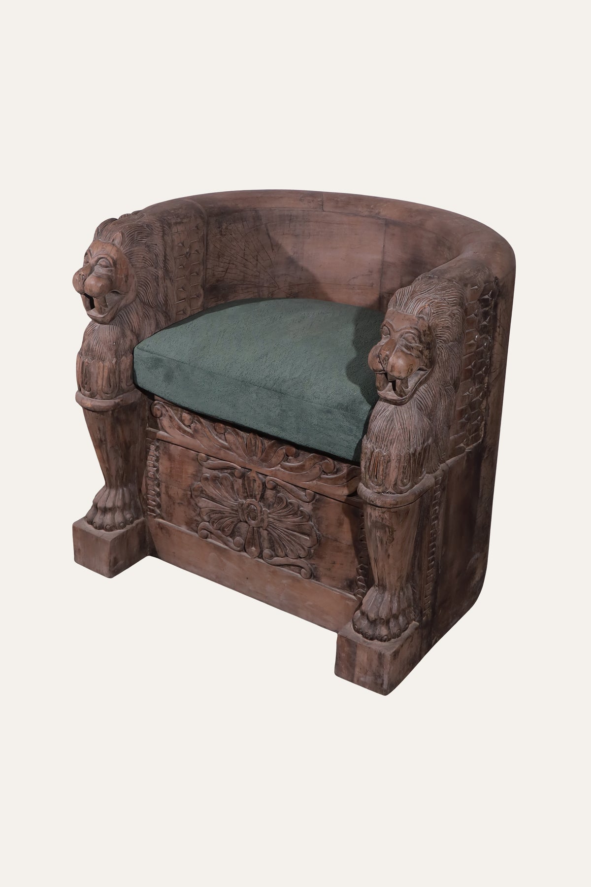 Hand-Carved Wooden Upholstered Barrel Chair with Lion Armrests.