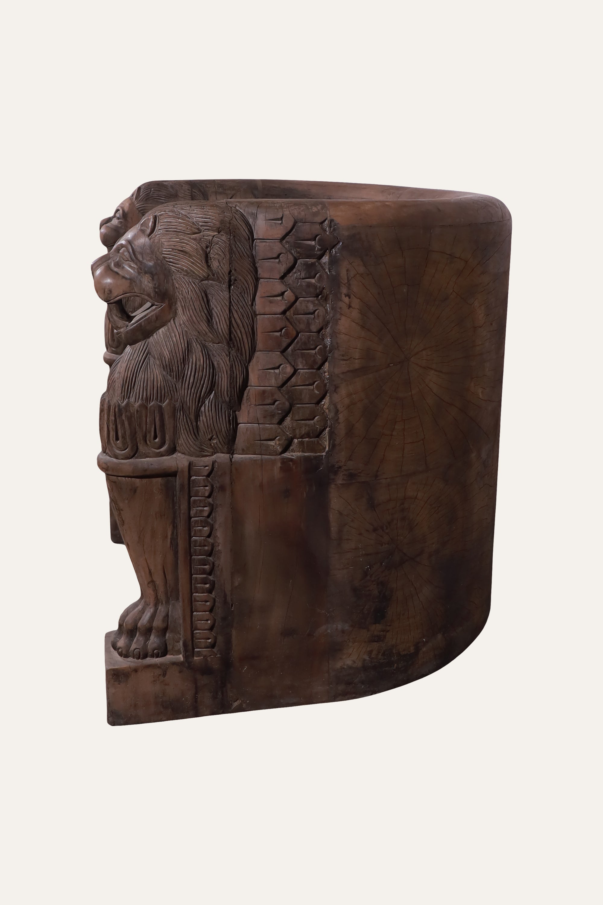 Hand-Carved Wooden Upholstered Barrel Chair with Lion Armrests.