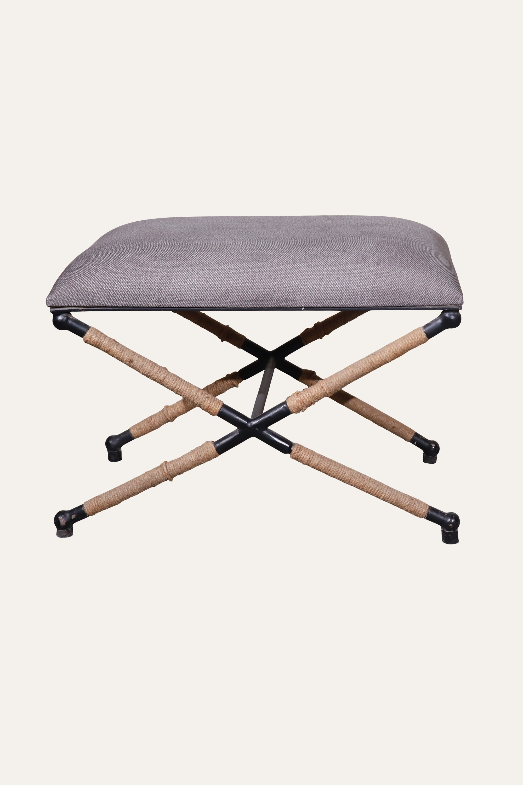 Grey Upholstered X-Base Stool with Rope-Wrapped Metal Frame