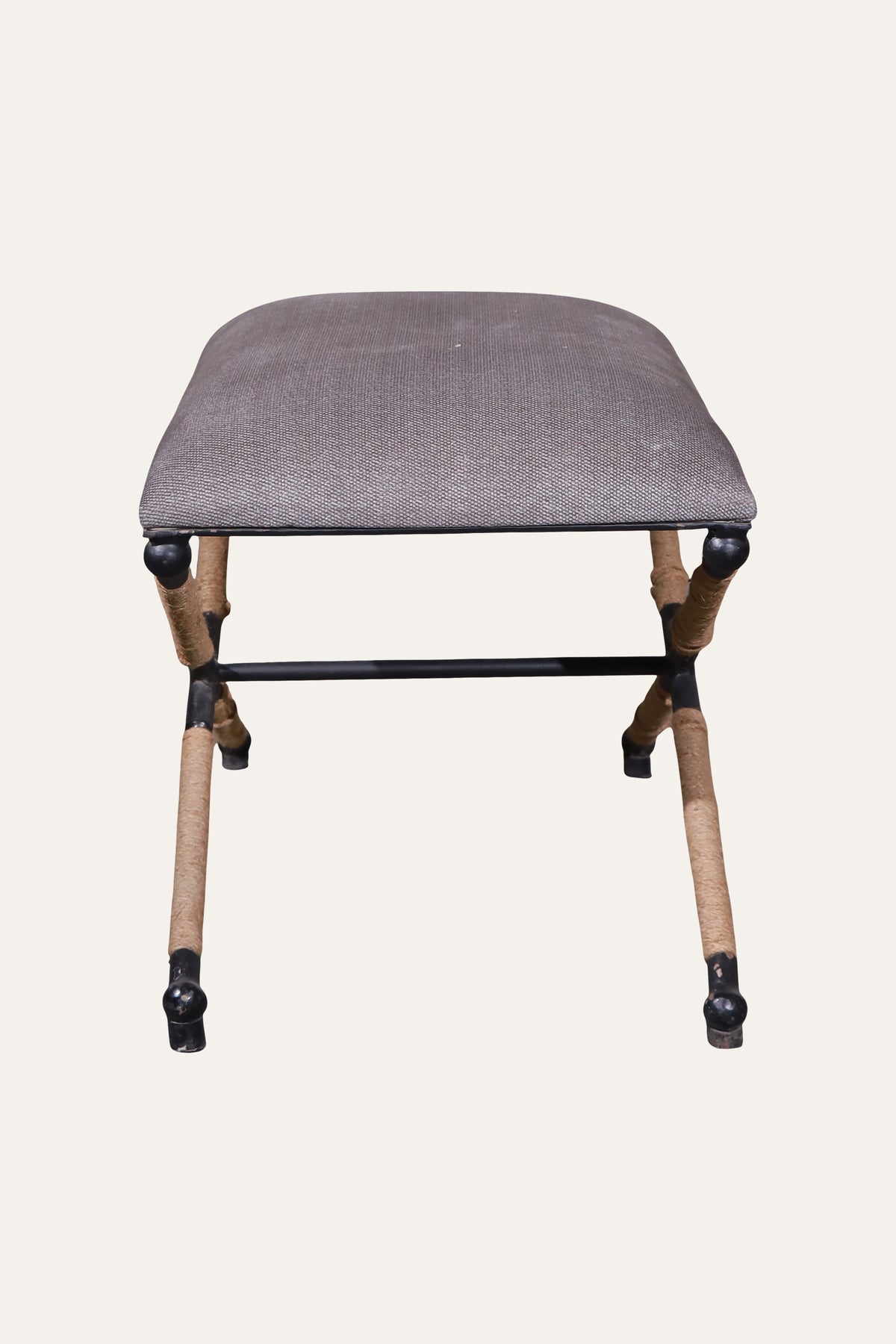 Grey Upholstered X-Base Stool with Rope-Wrapped Metal Frame