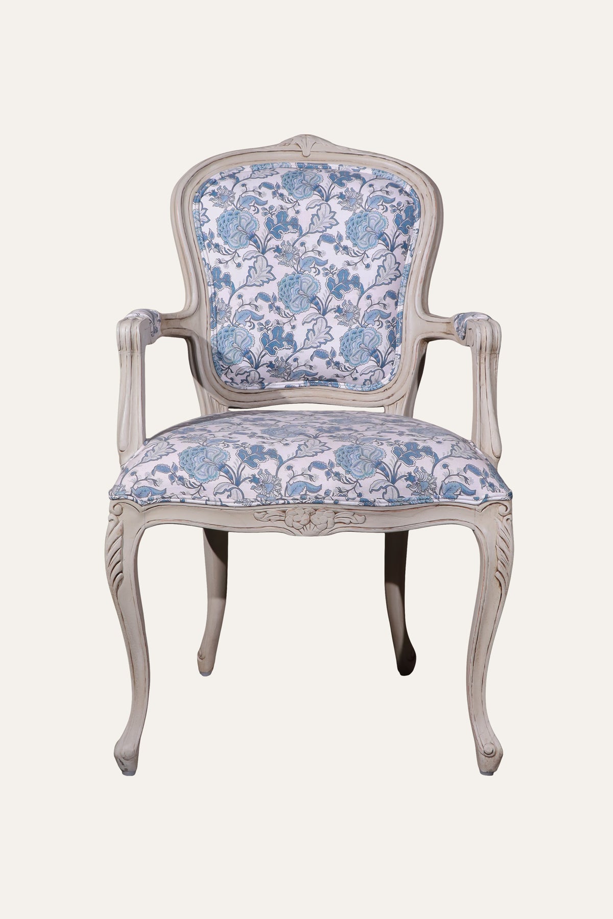 Blue French Style Floral Upholstered Armchair with Carved White Wood Frame