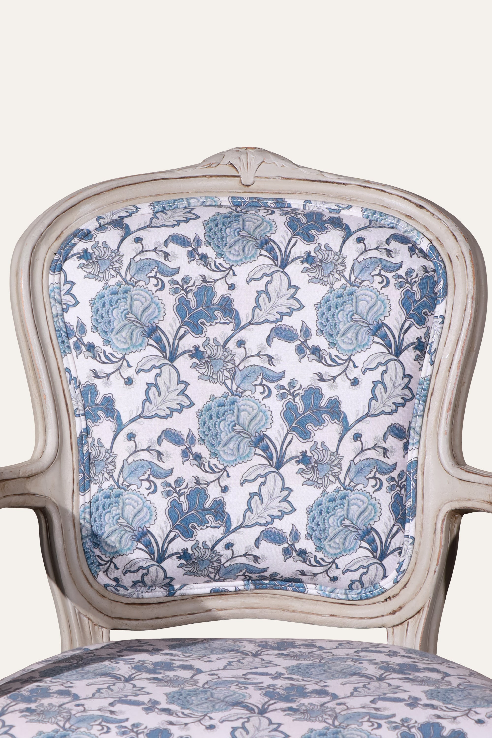 Blue French Style Floral Upholstered Armchair with Carved White Wood Frame