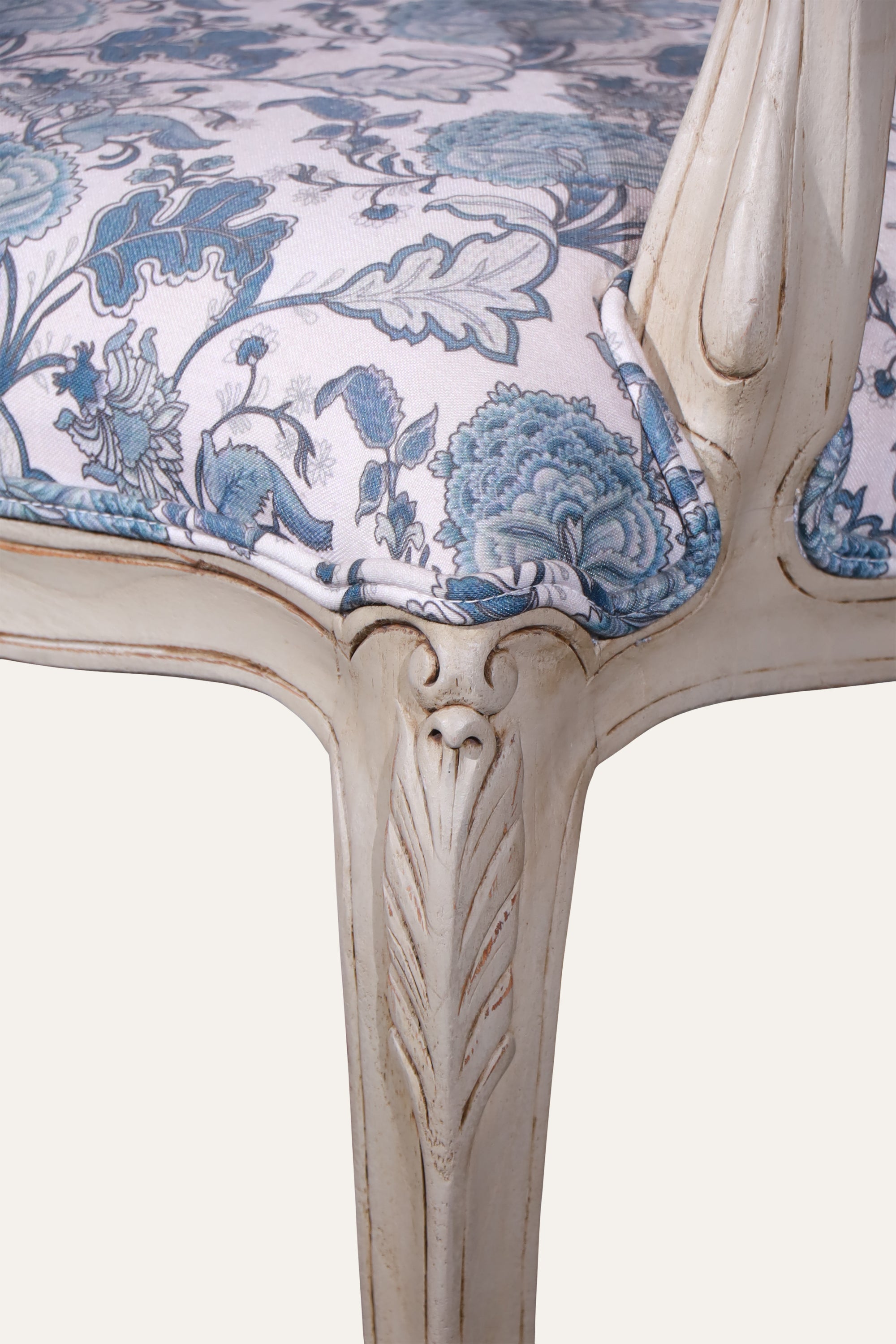 Blue French Style Floral Upholstered Armchair with Carved White Wood Frame