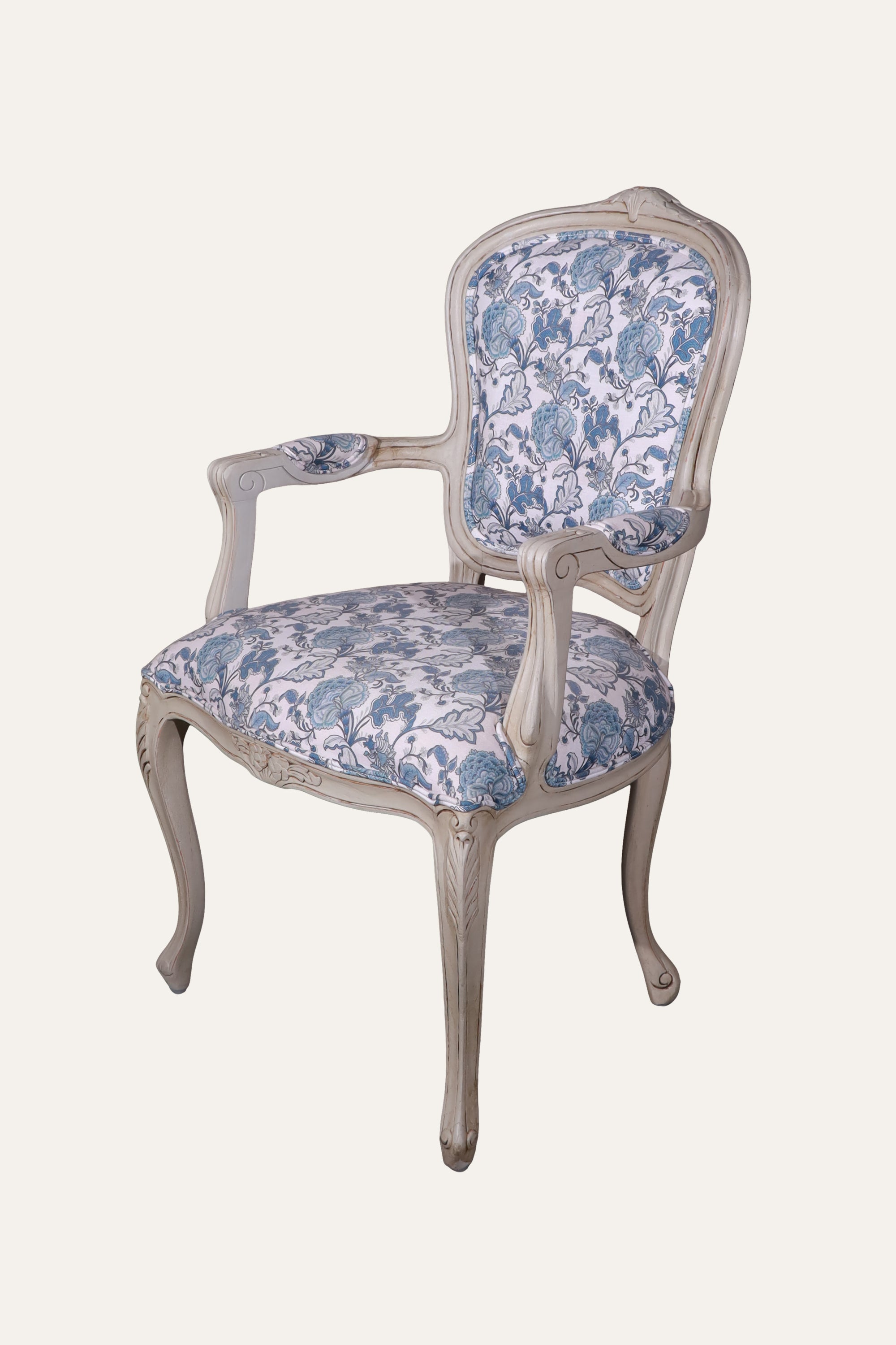 Blue French Style Floral Upholstered Armchair with Carved White Wood Frame