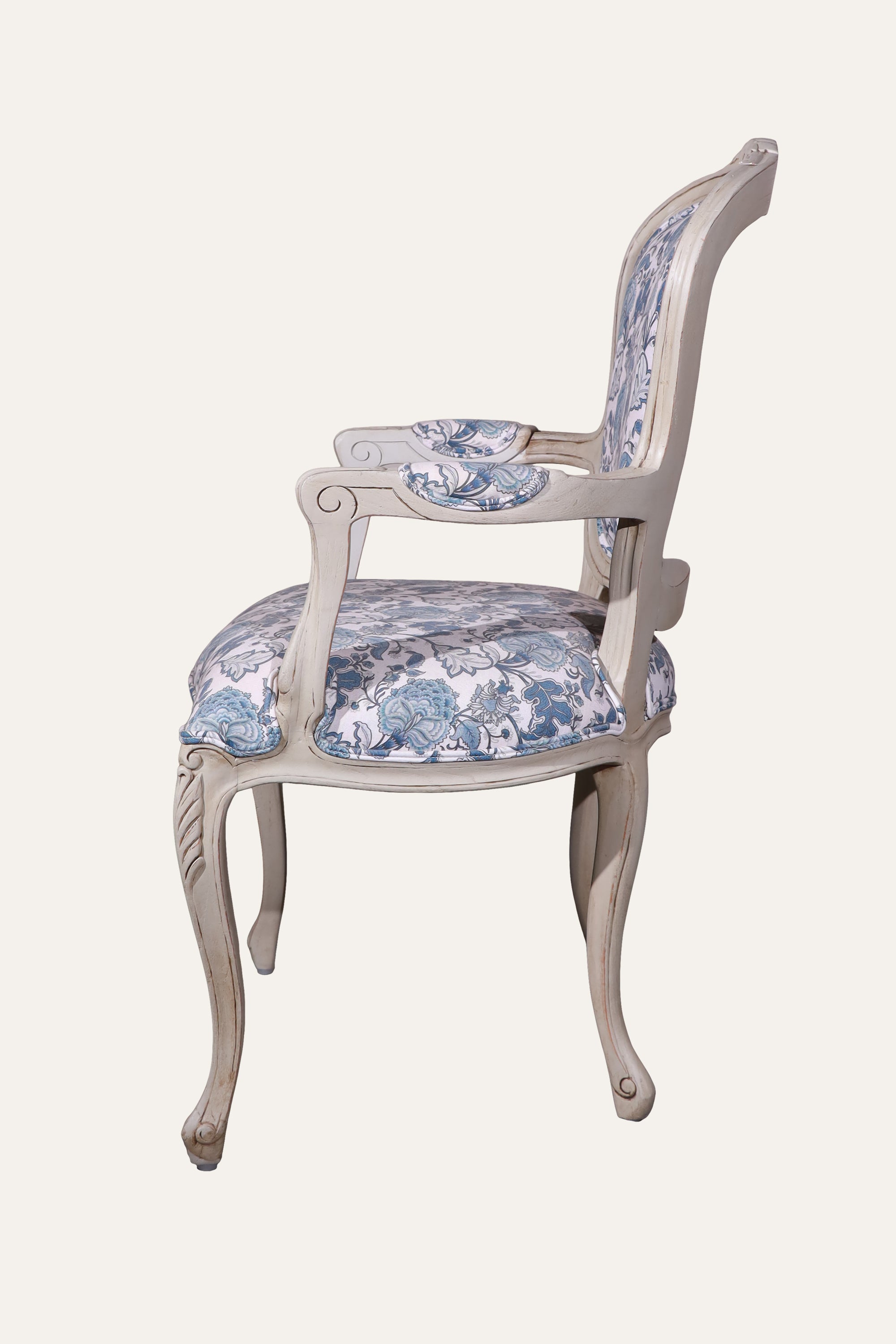 Blue French Style Floral Upholstered Armchair with Carved White Wood Frame