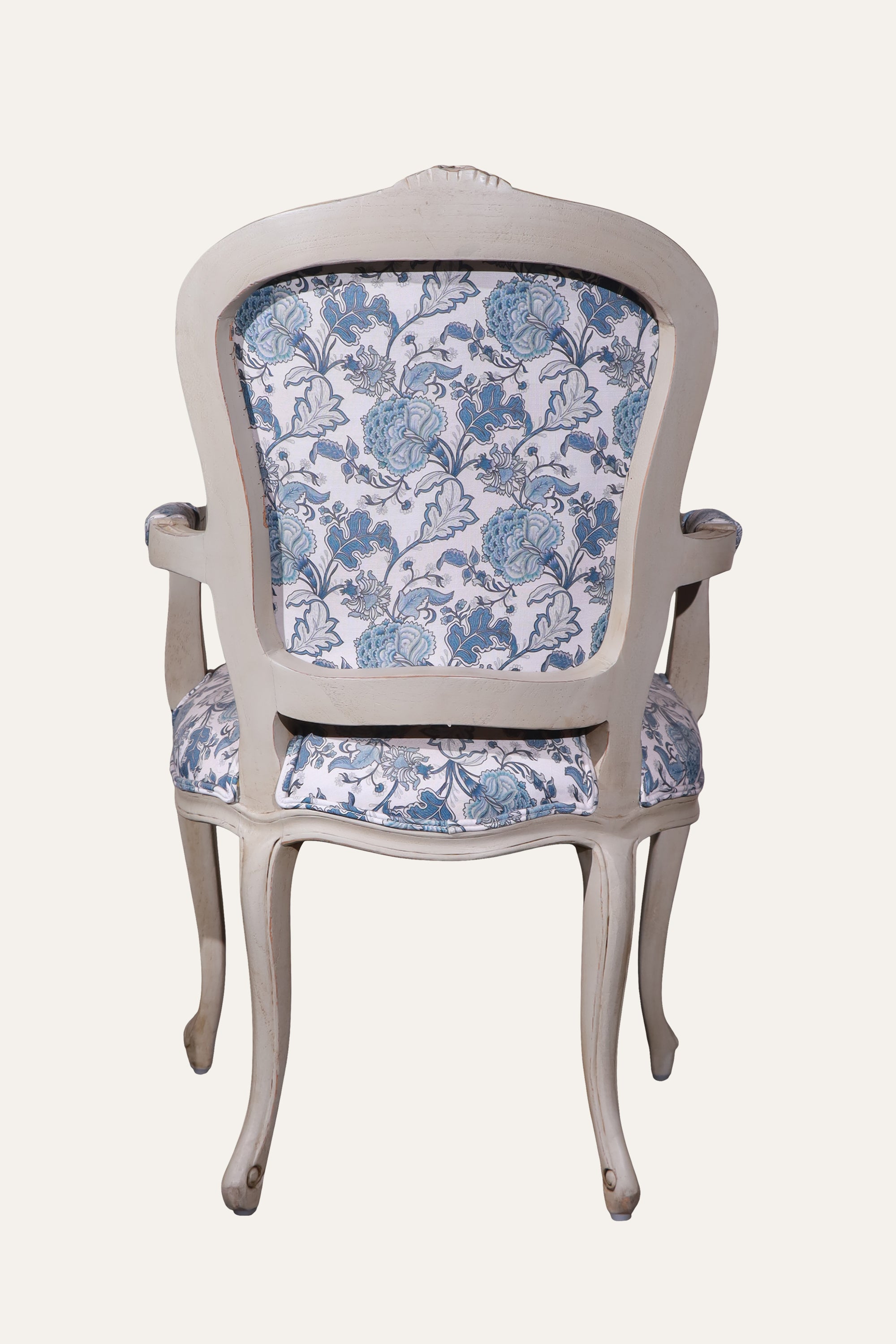 Blue French Style Floral Upholstered Armchair with Carved White Wood Frame