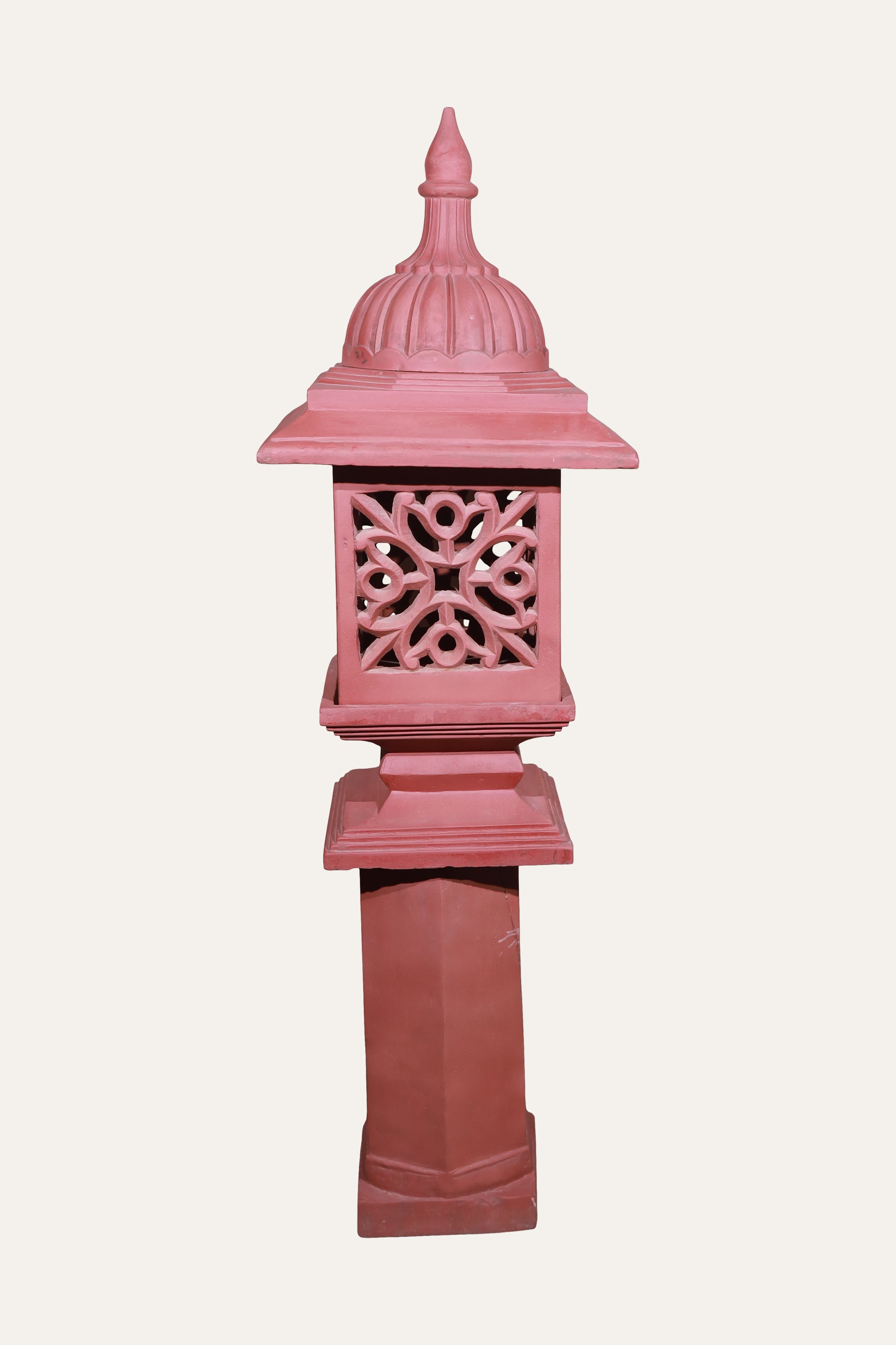 Tall Rajasthani Style Pink Carved Garden Lamp with Jali Panels