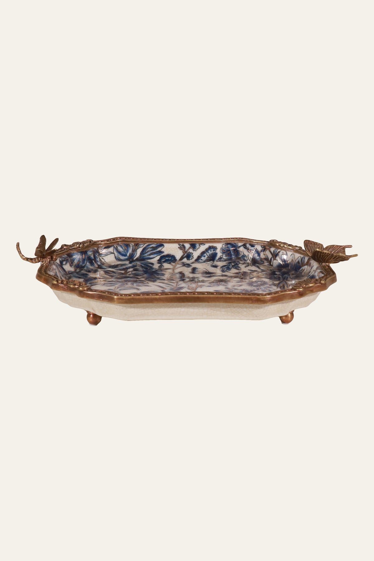 Blue & White Floral Porcelain Tray with Butterfly Motifs