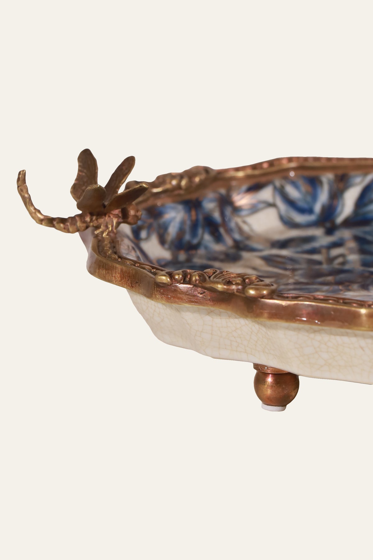 Blue & White Floral Porcelain Tray with Butterfly Motifs