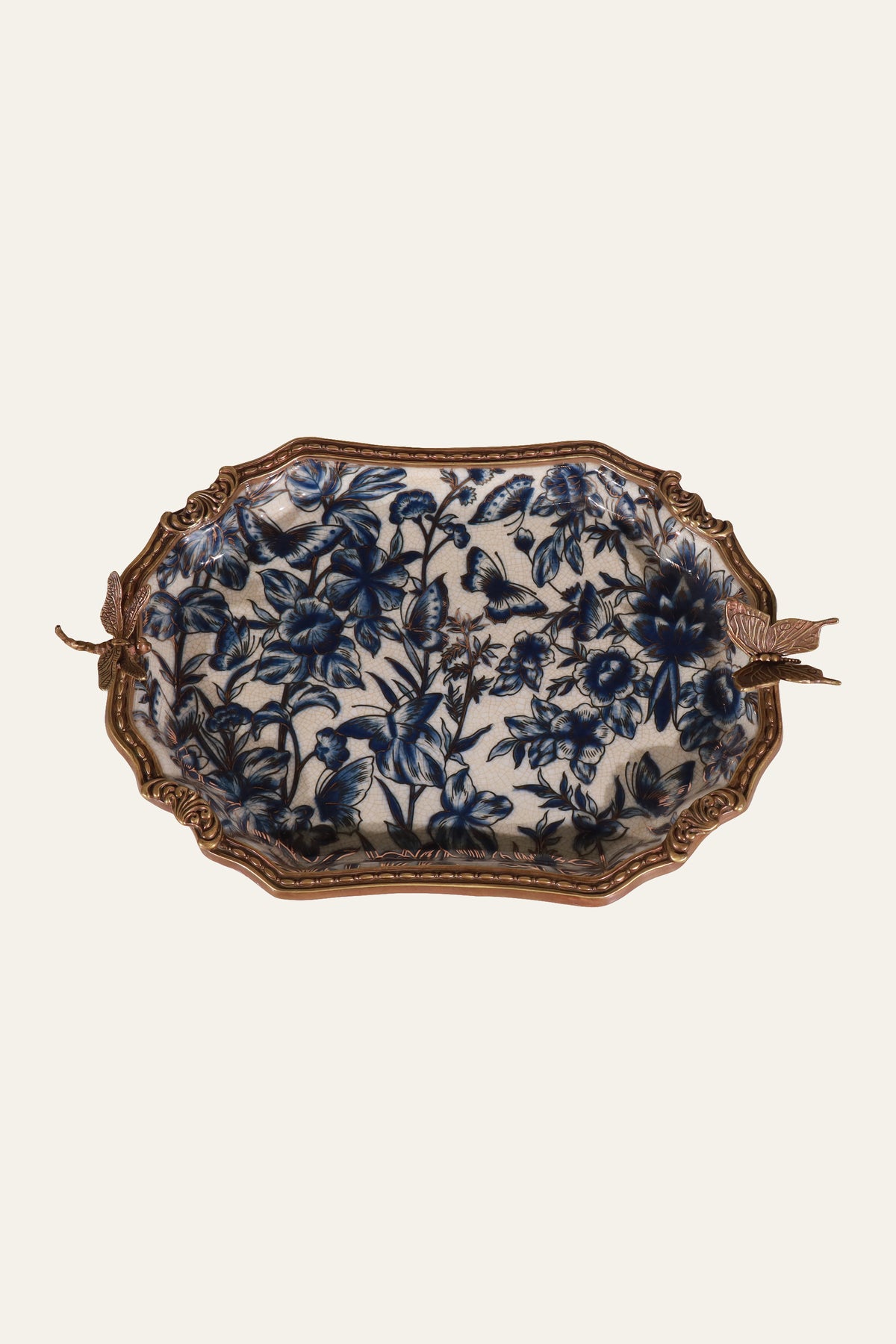 Blue & White Floral Porcelain Tray with Butterfly Motifs