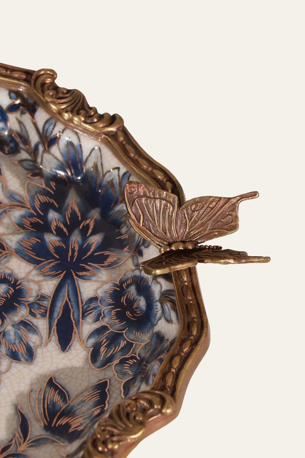 Blue & White Floral Porcelain Tray with Butterfly Motifs