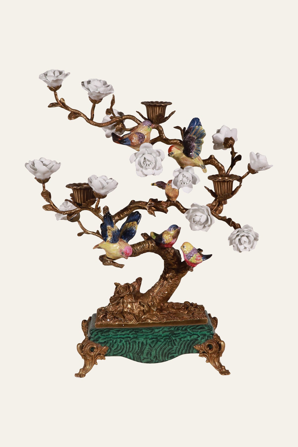 Flowering Tree Candleholder with Songbirds & White Blossoms
