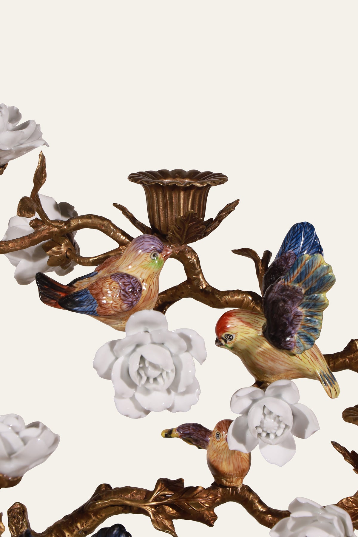 Flowering Tree Candleholder with Songbirds & White Blossoms