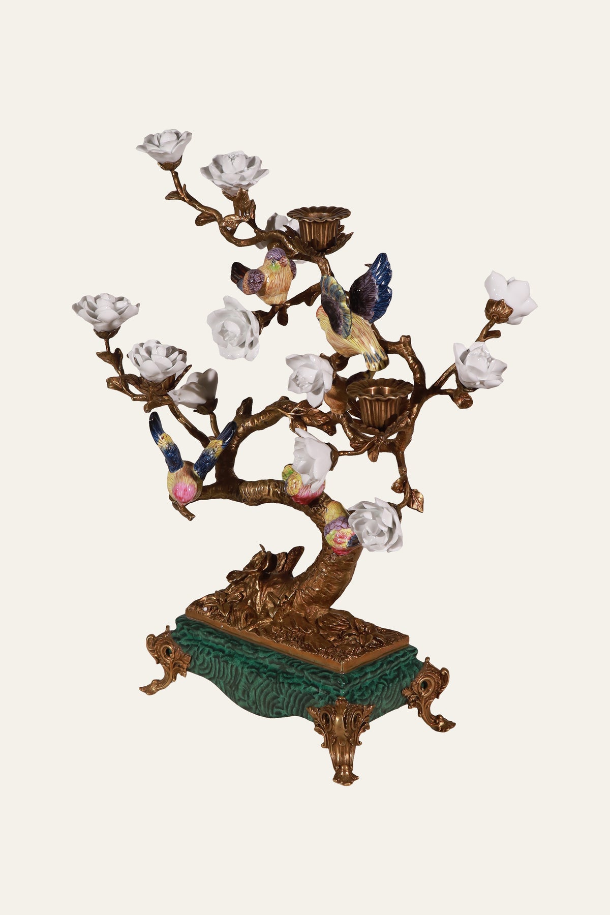 Flowering Tree Candleholder with Songbirds & White Blossoms