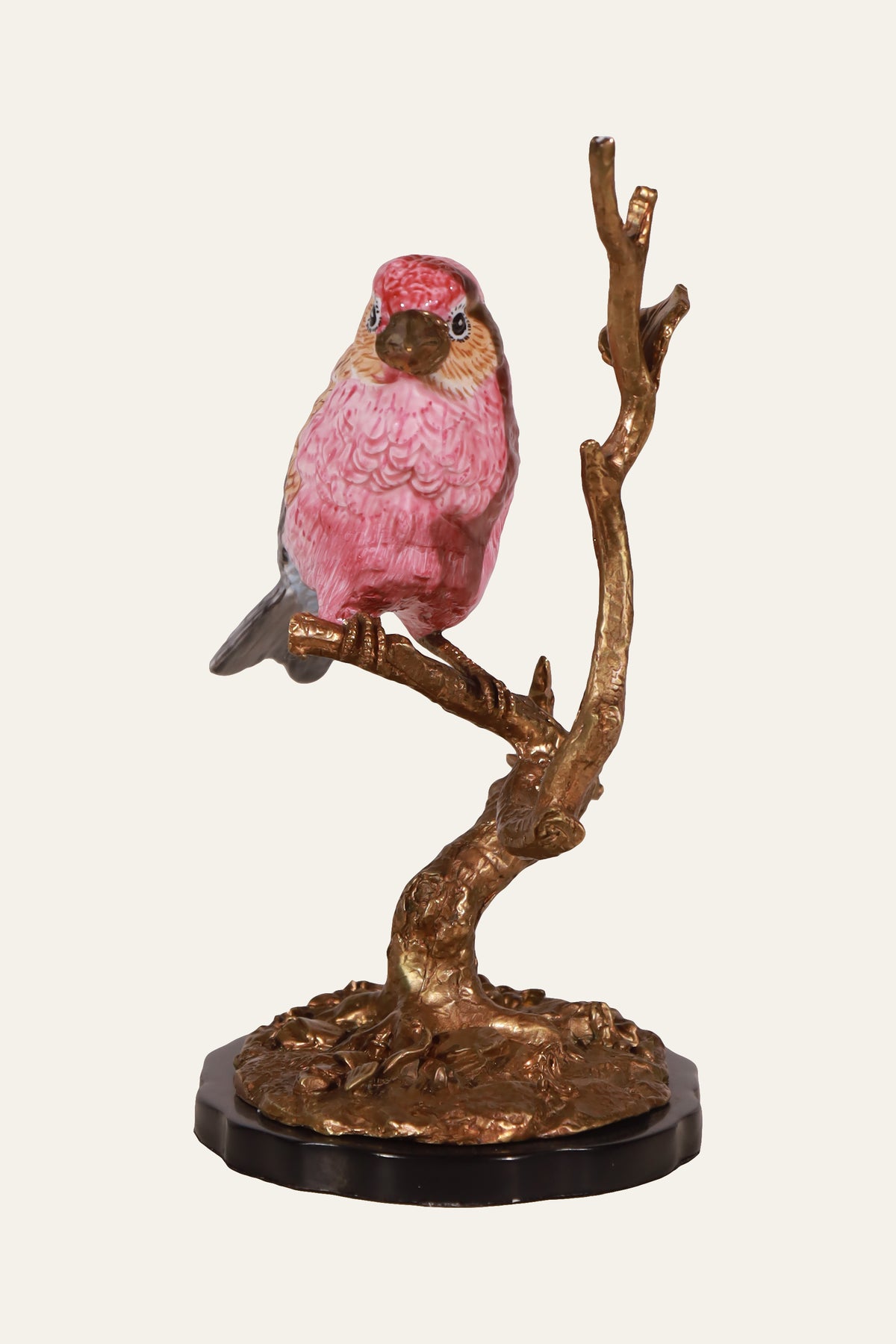 Pink Porcelain Bird Figurine on Sculpted Branch